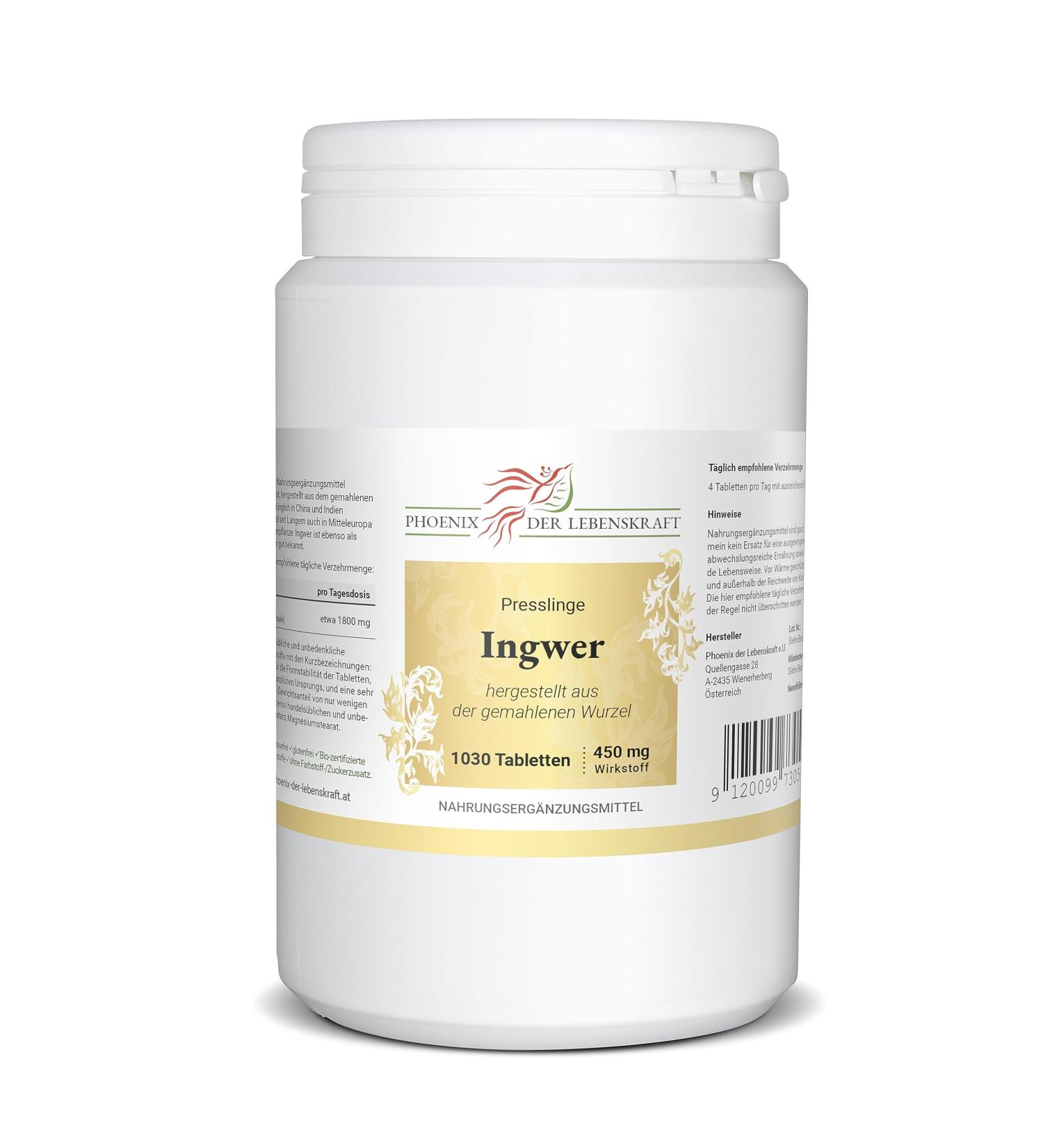 Premium Ginger Tablets 450mg | 1030 Vegan Tablets | Zingiber Officinale | Additive-Free | Quality from Austria | Natural Ginger Root Supplement - Buy Online on GoSupps.com