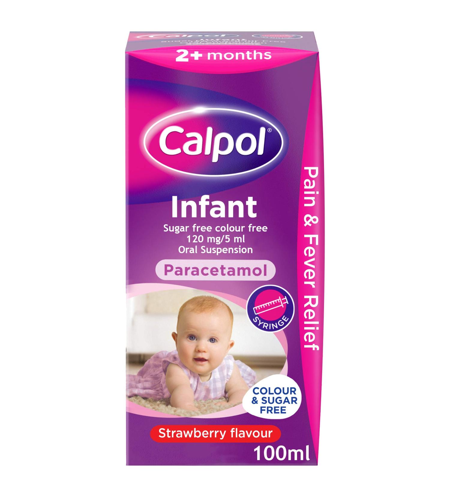 Calpol Infant Oral Suspension 100ml | Paracetamol Strawberry Flavour Liquid | Sugar & Colour-Free - Buy Online on GoSupps.com