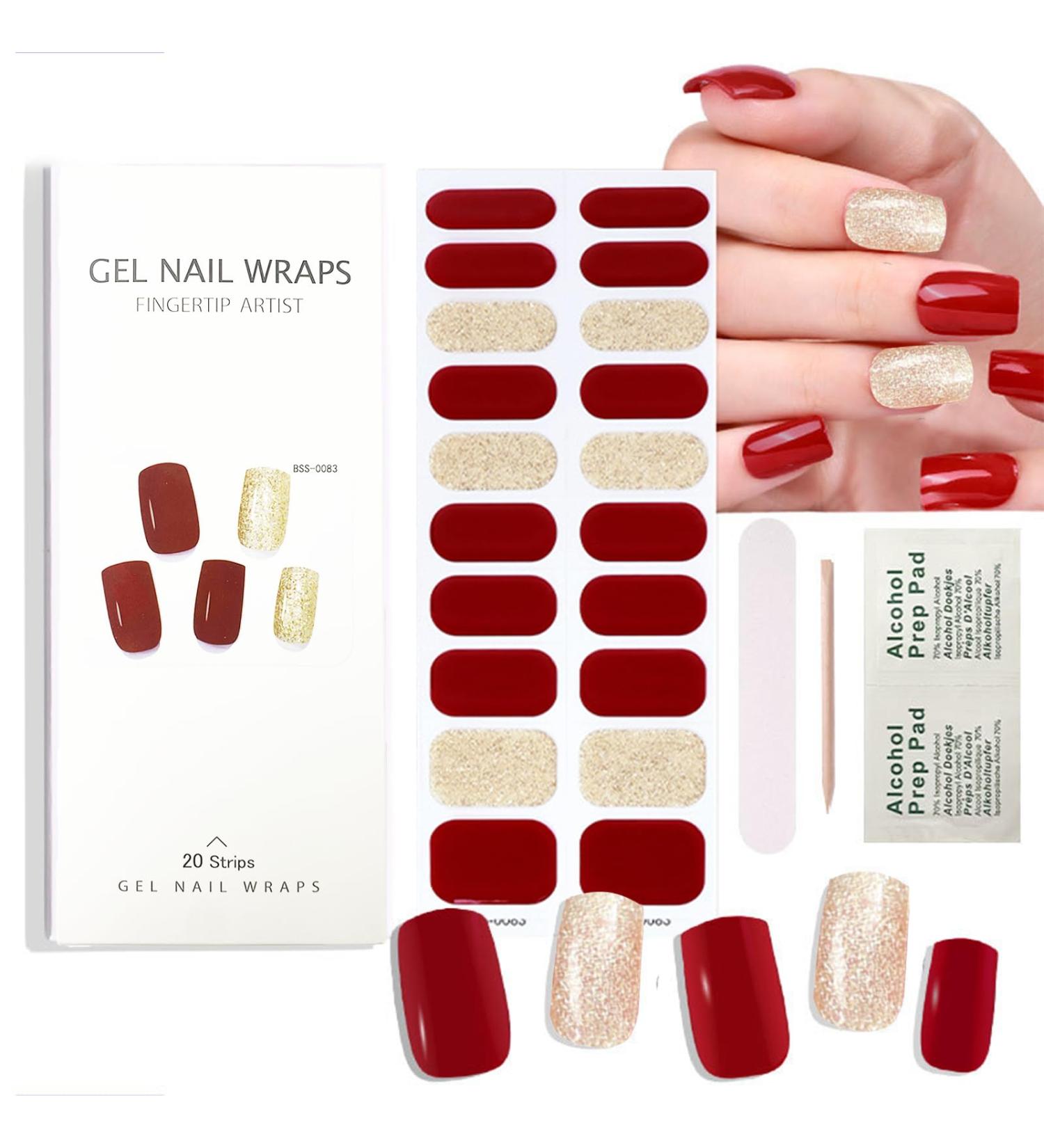 20PCS Semi Cured Gel Nails Gel Nail Stickers - Semi Cured Gel Nails Strips - Semi Cured Gel Nail Wraps - Glossy & Long Lasting Gel Nail Stickers Need UV Light (Wine Red Gold Shiny) - Buy Online on GoSupps.com