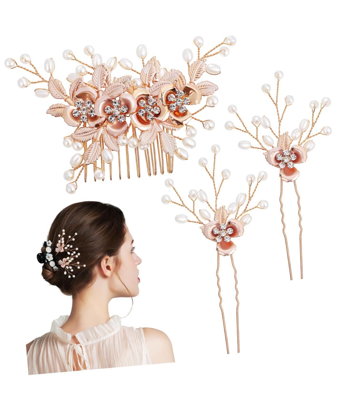 FRCOLOR 1 Set Leaf Pearl Hairpin Wedding Hair Clip Wedding Hair Side Comb Hair Combs for Thick Hair Gold Hair Clips Accessories Barrette Prom Suits for Women Hair Forks for Buns Metal - Buy Online on GoSupps.com