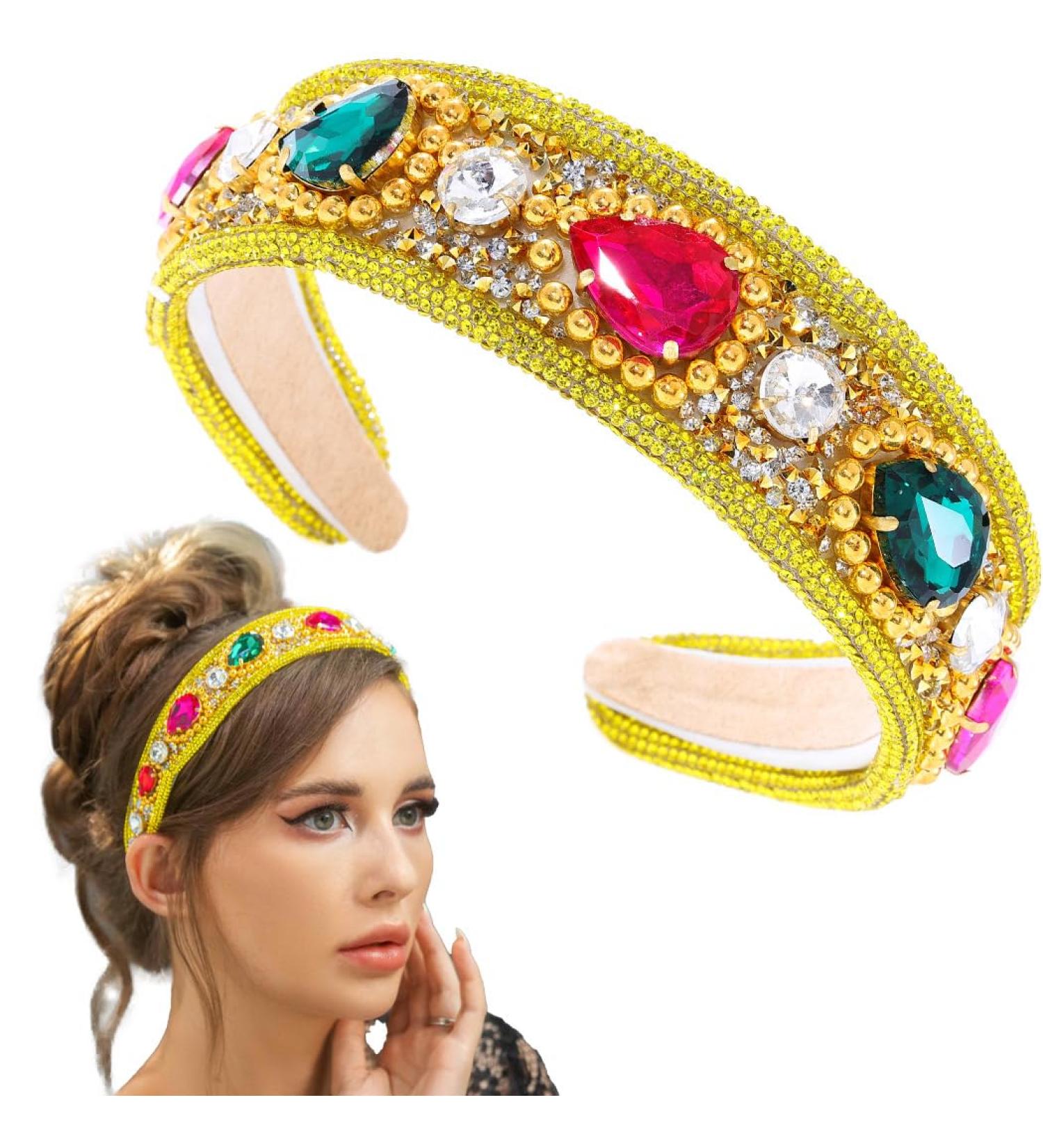 Flayem Rhinestone Headband Crystal Headband Padded Wide Vintage Hair Band Hoop Gorgeous Baroque Hair Accessories for Women and Girls (Yellow) - Buy Online on GoSupps.com