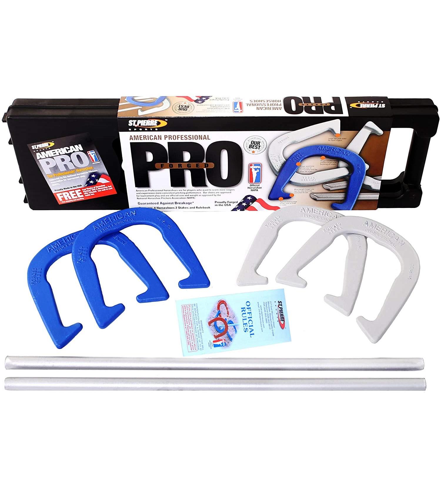 St. Pierre American Professional Series Horseshoes Complete Set with 4 Horseshoes, Stakes, Rulebook, and Tote - Blue/Gray - Buy Online on GoSupps.com