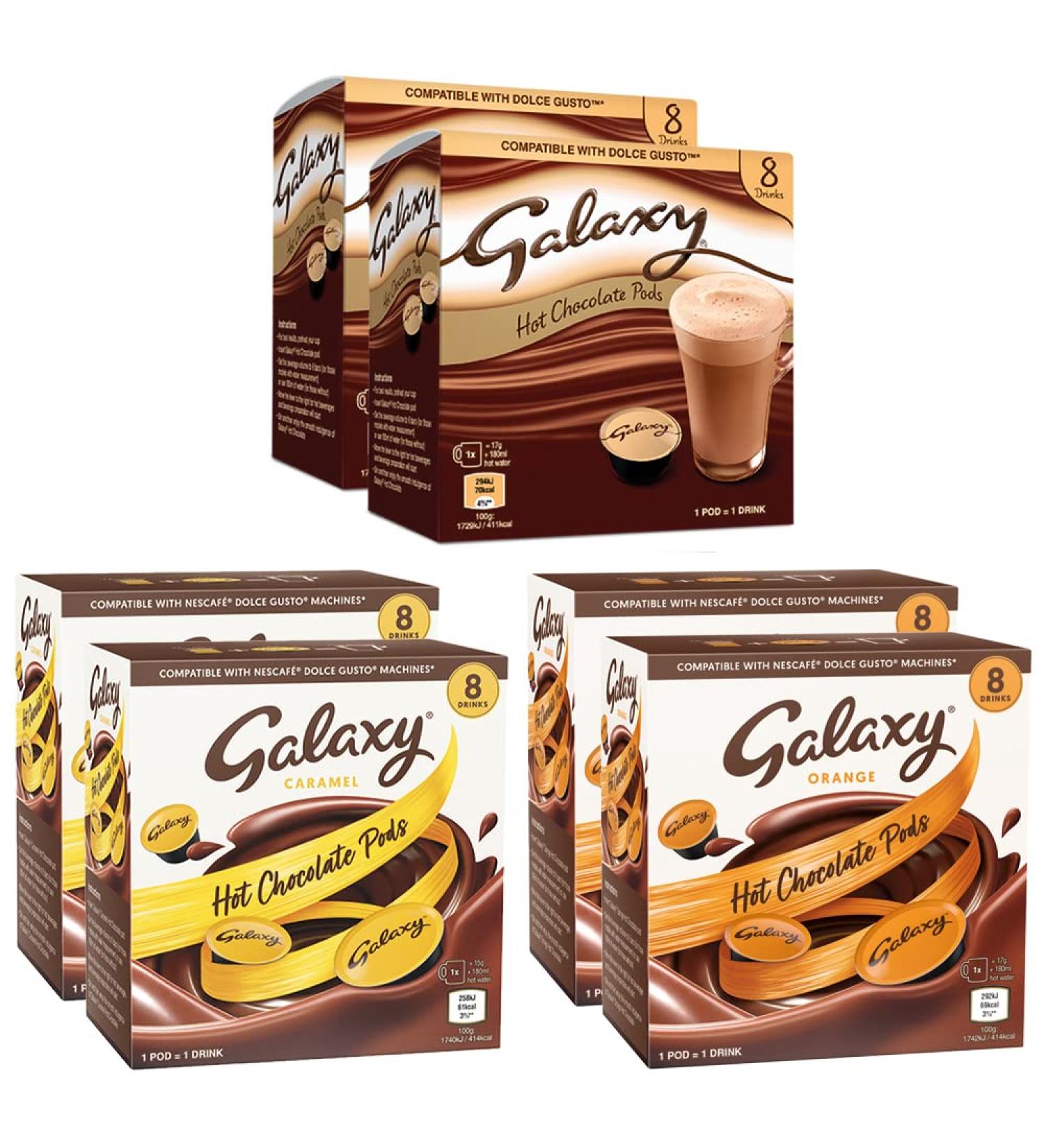 Galaxy Hot Chocolate Pods Bundle - 48 Dolce Gusto Compatible Capsules | Includes Galaxy Hot Chocolate, Caramel, and Orange Flavors - 40 Count Pack - Buy Online on GoSupps.com