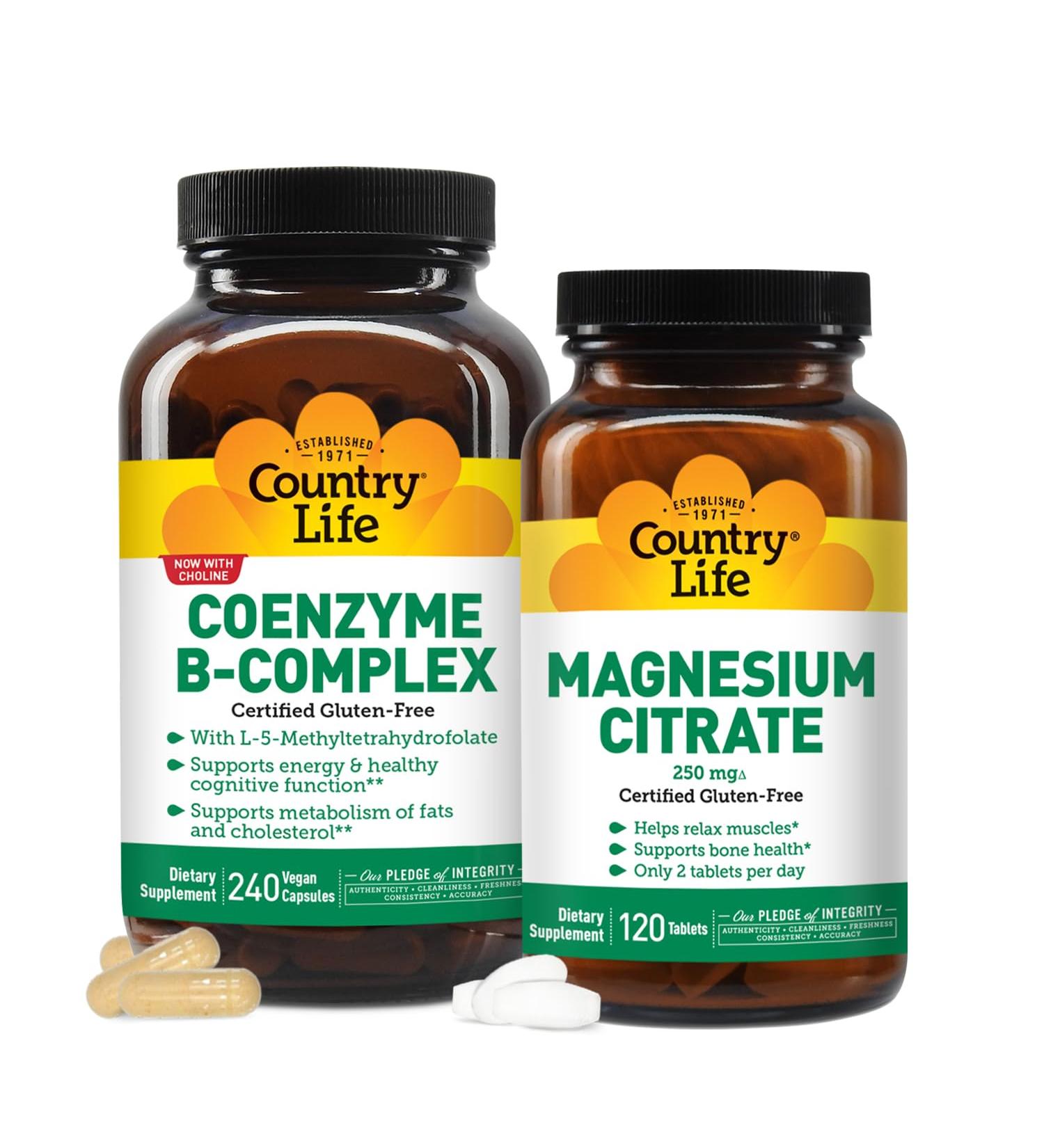 Country Life Coenzyme Vitamin B Complex Caps 240 Capsules and Magnesium Citrate 250 mg 120 Tablets Bundle - Buy Online on GoSupps.com