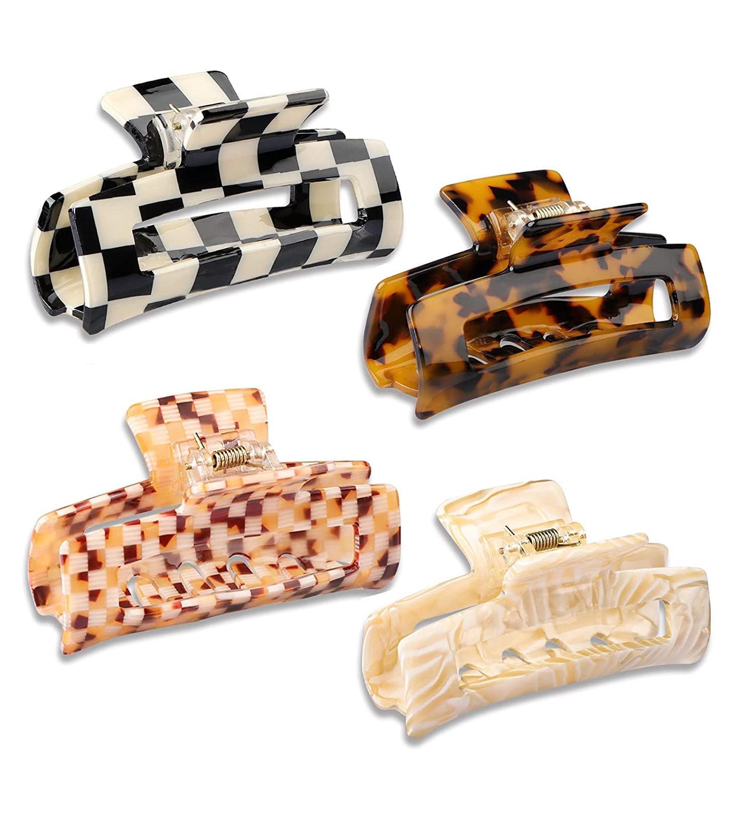 HAYHOI 4PCS Hair Claw Clips Celluloid French Butterfly Jaw Tortoise Shell - Stylish Accessories for Women & Girls - Checkerboard Leopard White - Buy Online on GoSupps.com
