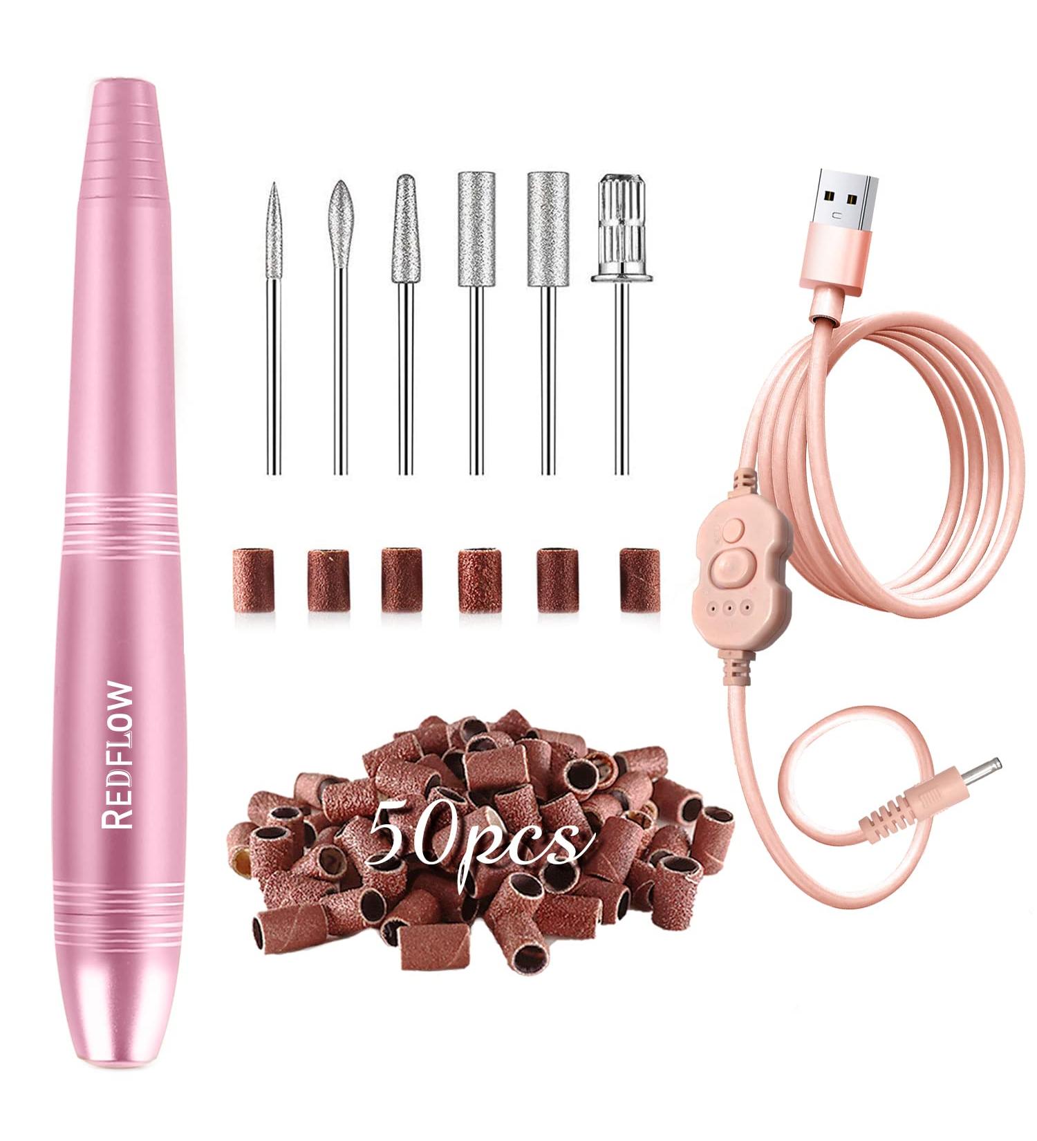 RedFlow Electric Nail Drill Kit - Professional Nail File Exfoliating Machine with 6 Bits and 50 Sanding Bands - Pink Nail Drill Set - Buy Online on GoSupps.com