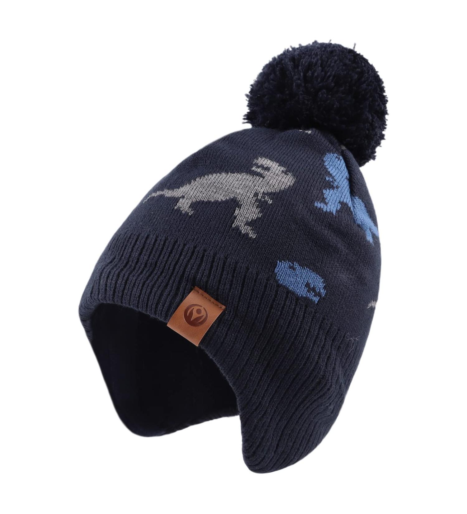 XIAOHAWANG Knitted Baby Hat with Pompom, Fleece Lining - Navy Dinosaur Design | 2-4 Years - Buy Online on GoSupps.com