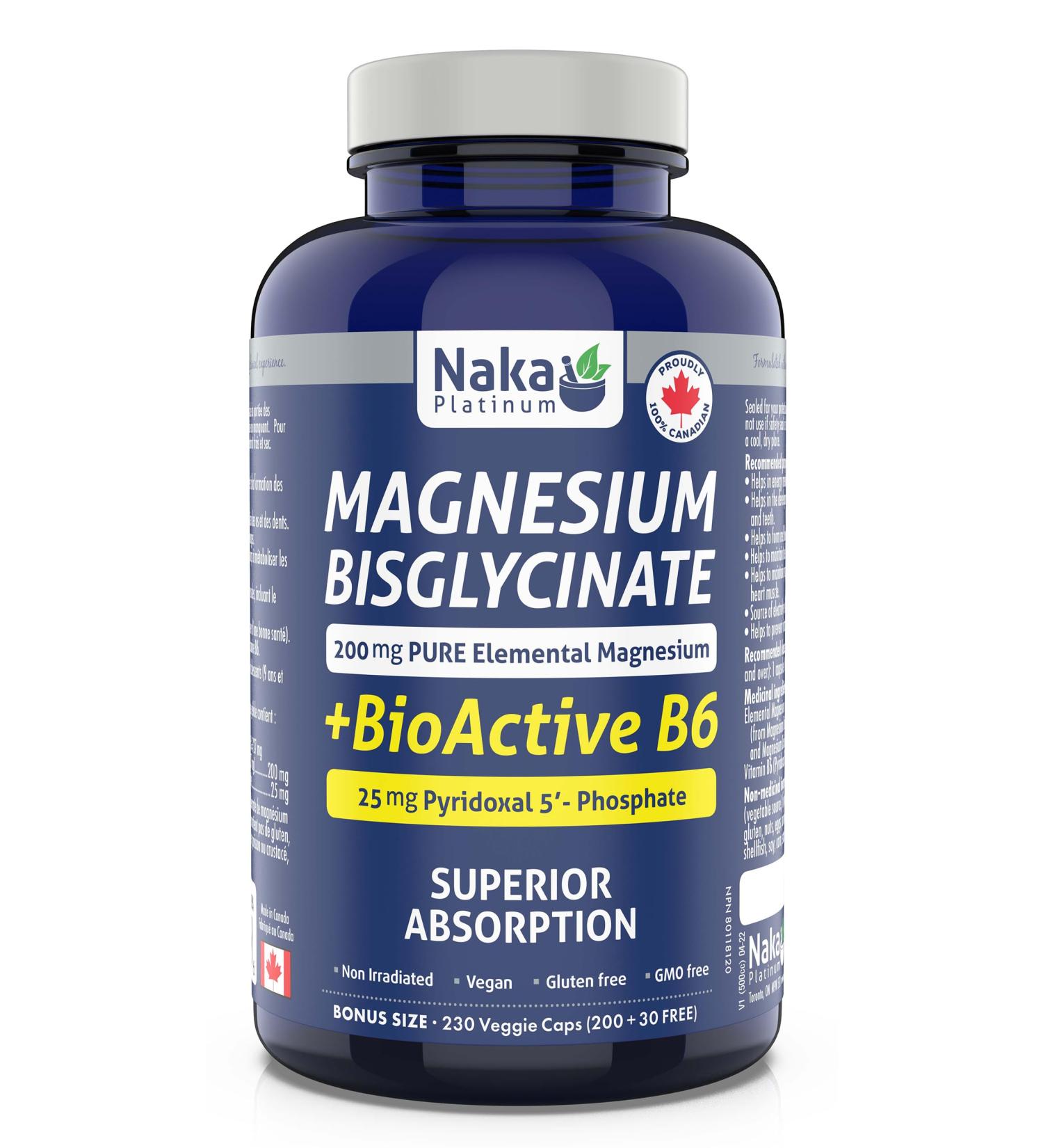 Naka Platinum Magnesium Bisglycinate (400mg PURE Elemental Magnesium) + BioActive B6 (15mg Pyridoxal 5' Phsphate) Unflavour Made in Canada (230 vcaps) 230 Count (Pack of 1) - Buy Online on GoSupps.com