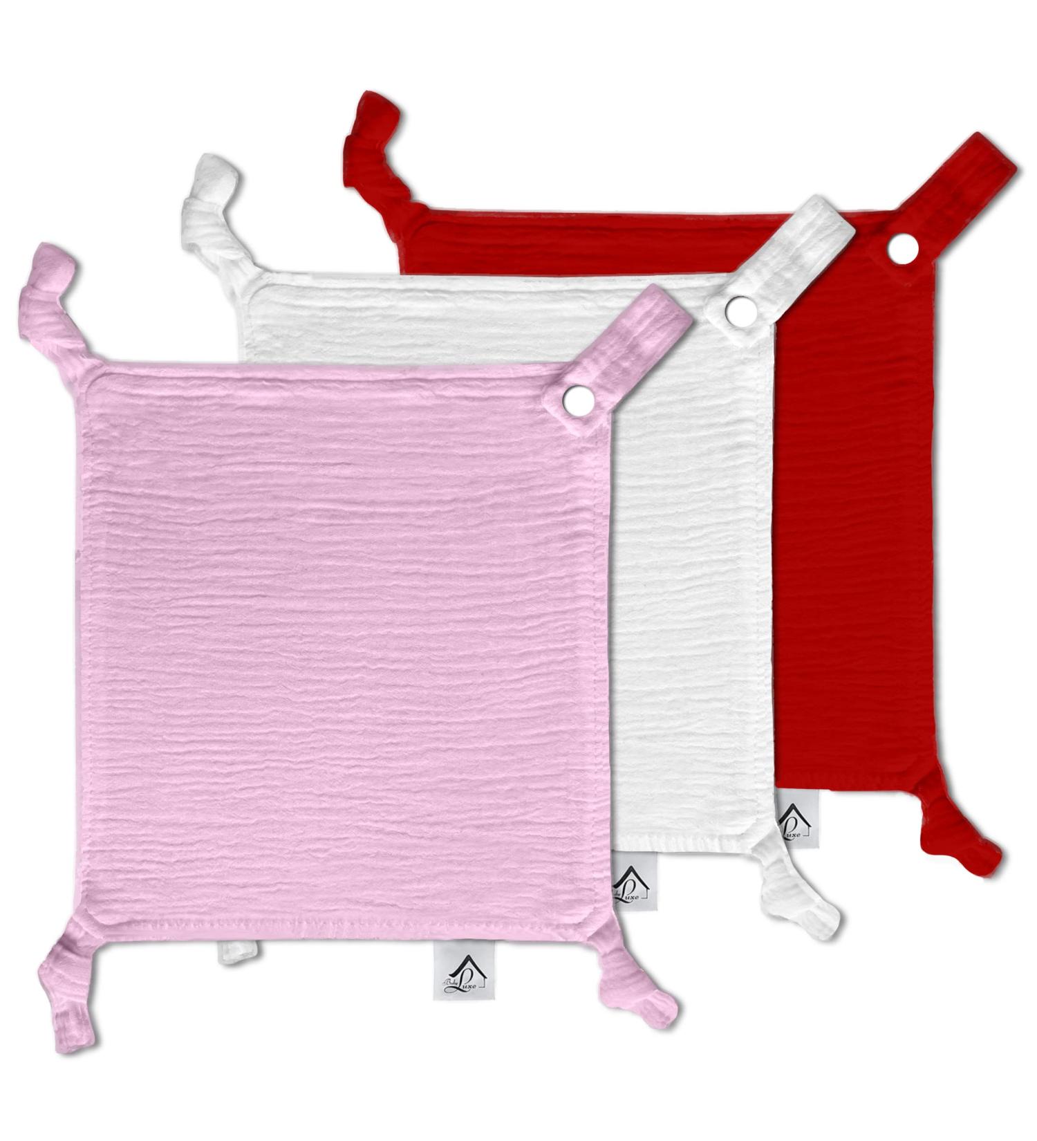 Baby Luxe 5-in-1 Mini Muslin Bib & Toy Holder Set - Baby Pink Burgundy White - 23x23cm - Buy Online on GoSupps.com