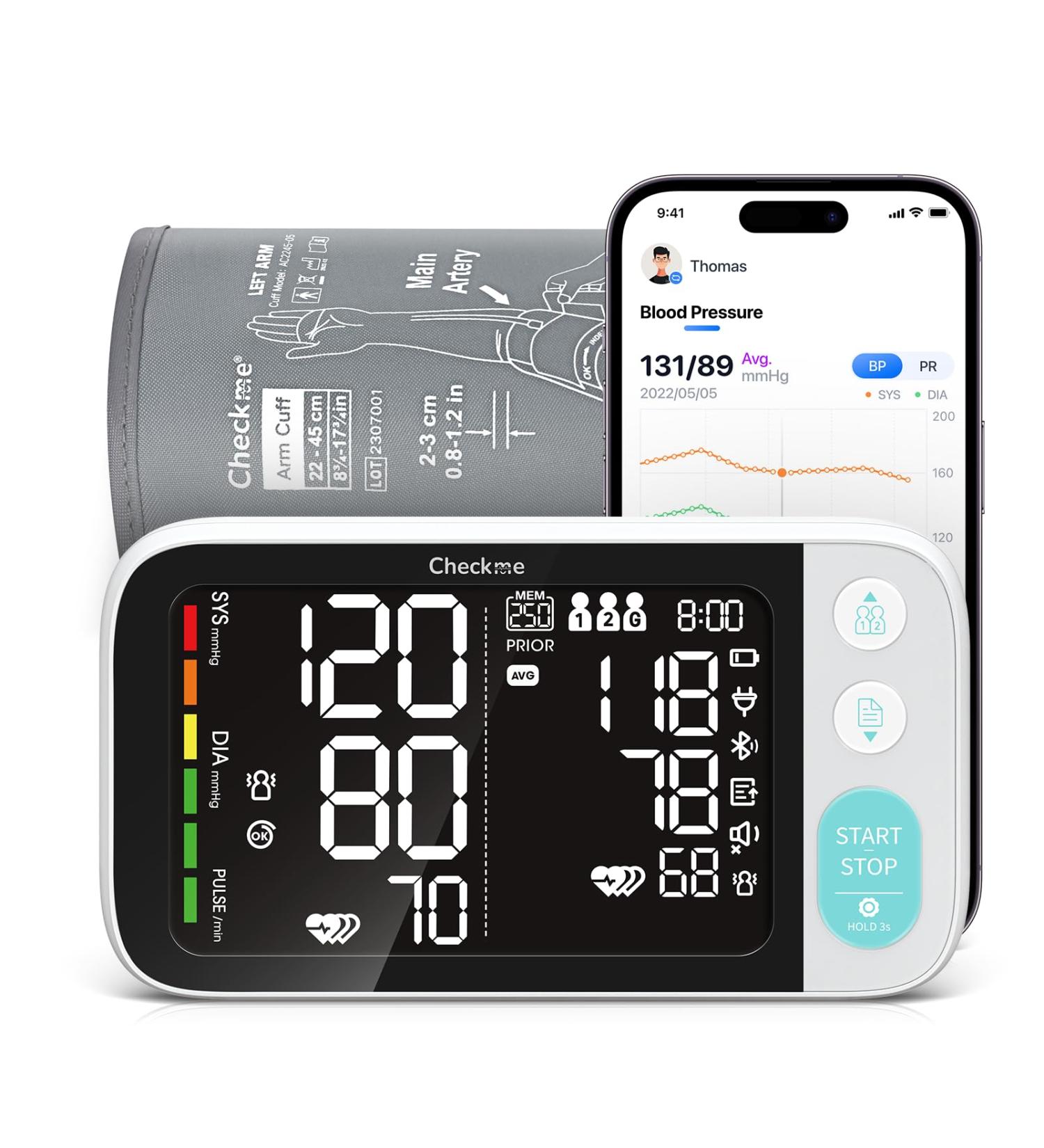 Checkme Bluetooth Blood Pressure Monitor for Home Use include Pregnant Women & Diabetics Blood Pressure Machine Dual Display w Adult Cuff 22-45cm 500 Records Voice Broadcast compatible w APP - Buy Online on GoSupps.com