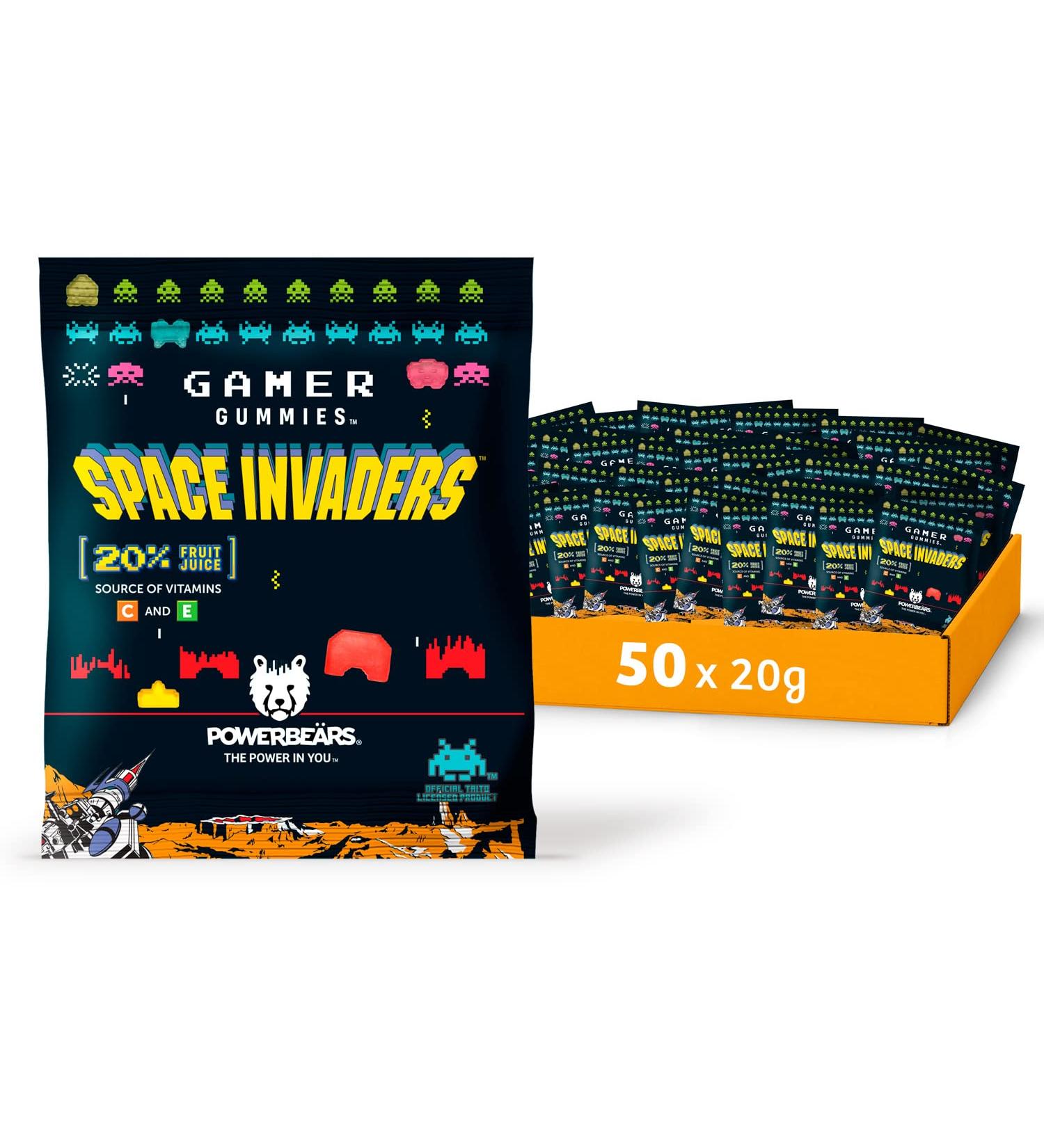 Powerbears Space Invaders Gummy Bears - 20% Fruit Juice Vitamins 6 Fruity Flavors | 50 Pack (20g each) - Shop Now! - Buy Online on GoSupps.com