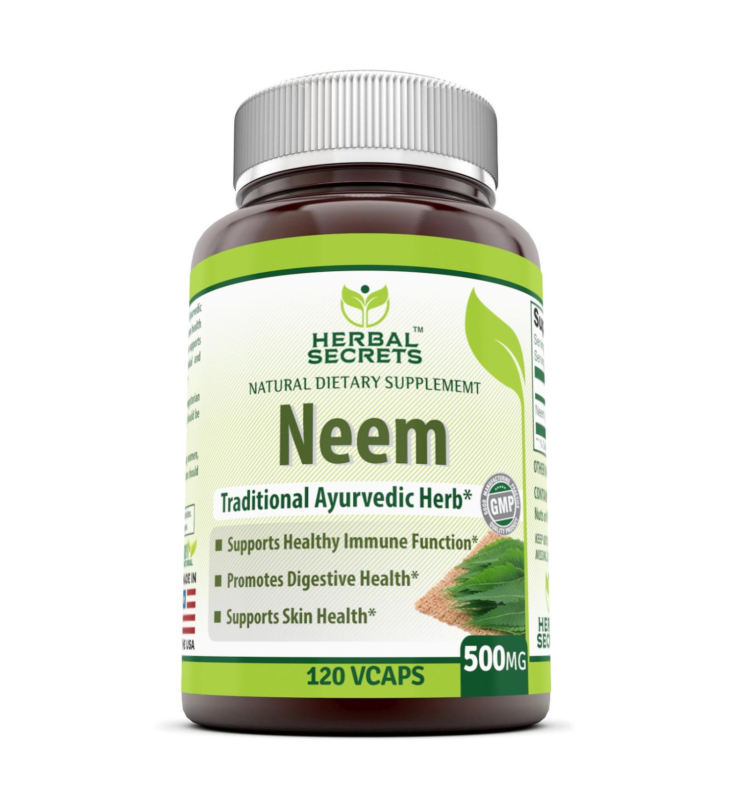 Herbal Secrets Neem 500mg 120 Vegetarian Capsules - Blood Purification, Healthy Immunity & Skin - Non-GMO - 1 Pack - Buy Online on GoSupps.com