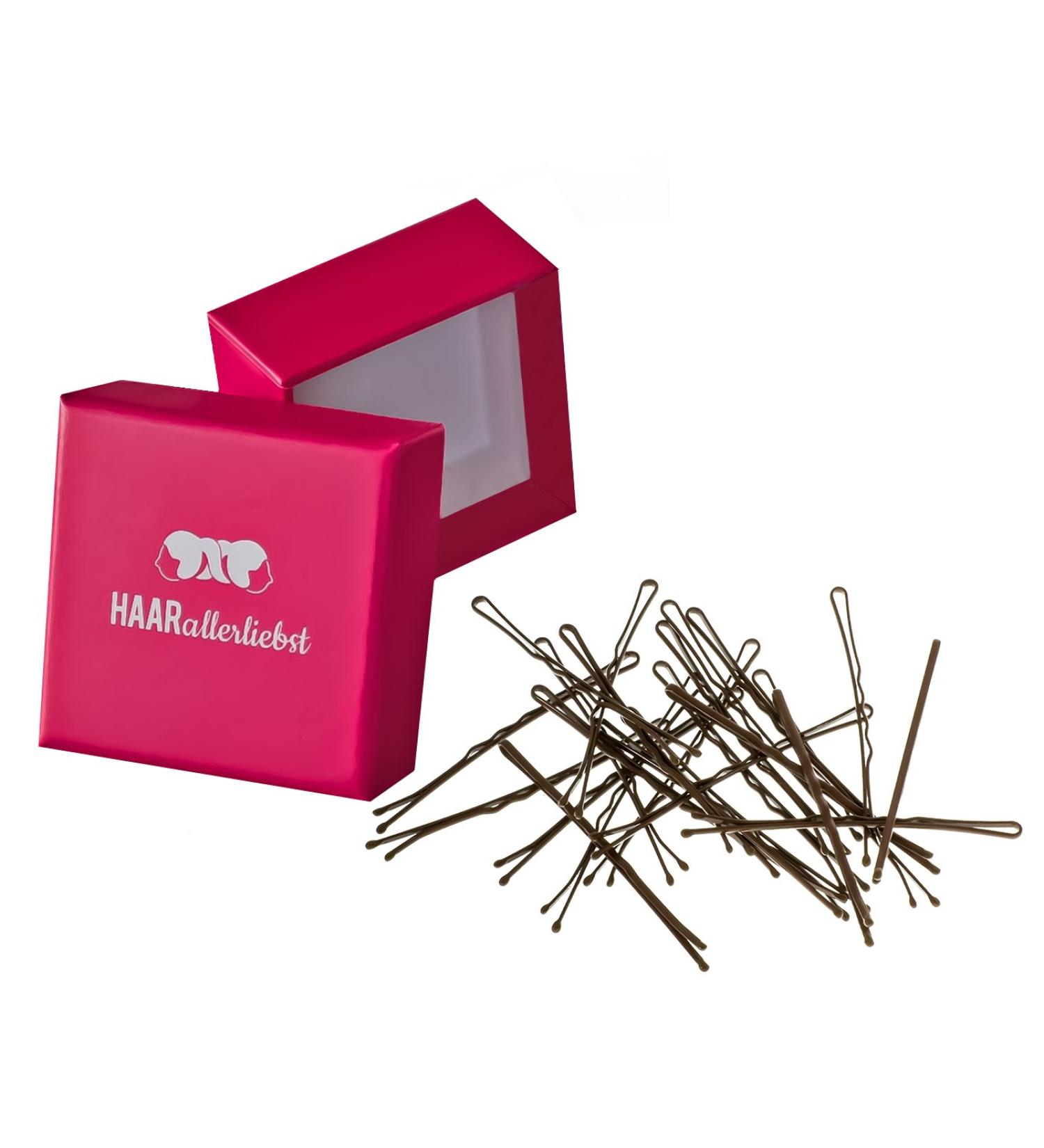 Haarly loved more grip hair clamps bobby pins anti slide (24 pieces | brown | 6cm) ultra paint with special painting including box for storage (box color: pink)