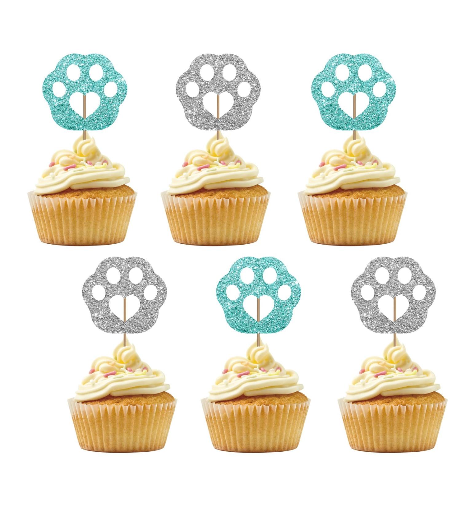 Set of 24 Paw Cupcake Toppers for Pet Theme Birthday Blue & Silver Glitter Puppy Kitten Paw Sign Cupcake Toppers Cake Decorations for Baby Shower/Dog Cat Birthday Party Supplies blue&silver - Buy Online on GoSupps.com
