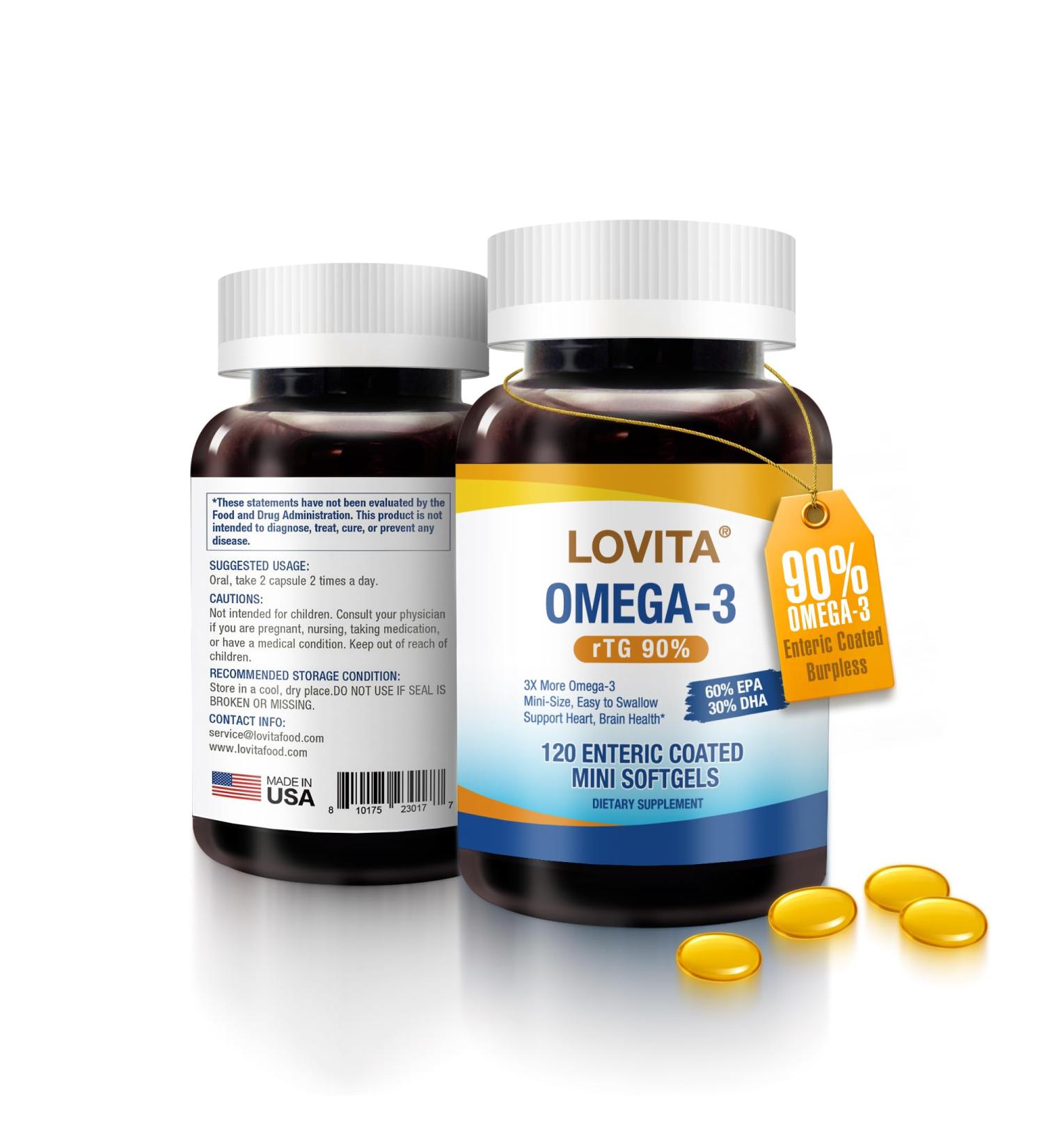 LOVITA Omega-3 Fish Oil 2000mg Supplement for Men and Women 120 Mini Softgels High Absorption rTG with EPA & DHA Burpless Enteric-Coated Non-GMO Supports Heart Brain Eye Health 30 Day Supply 120 Count (Pack of 1) Stan  - Buy Online on GoSupps.com