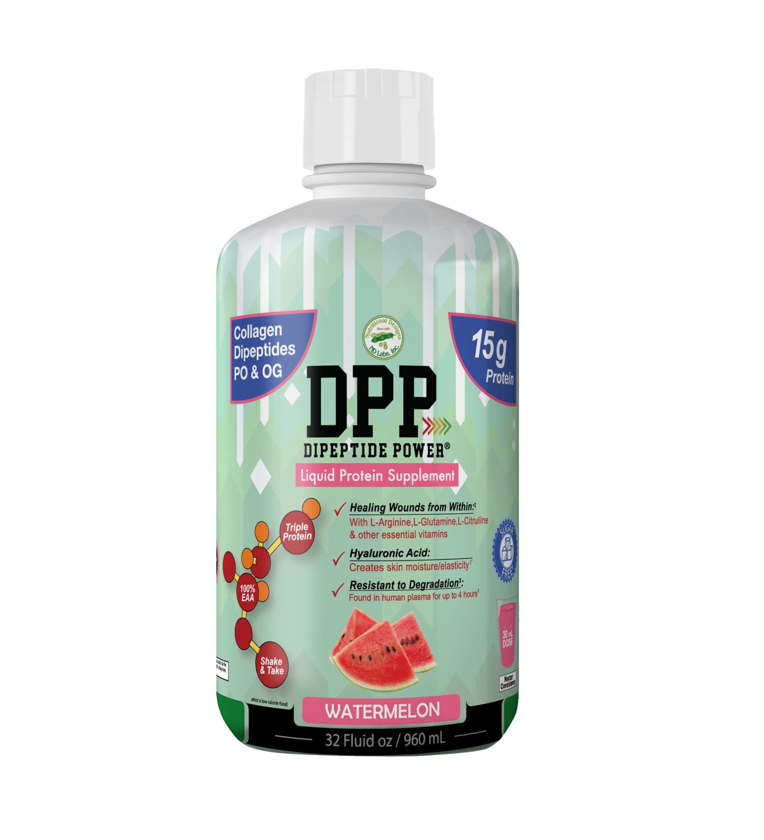 Nutritional Designs DPP Dipeptide Liquid Collagen & Whey Protein Supplement - Sugar-Free Wound-Healing Healthy Skin & Hair Watermelon Flavor 32 Fl Oz - Buy Online on GoSupps.com