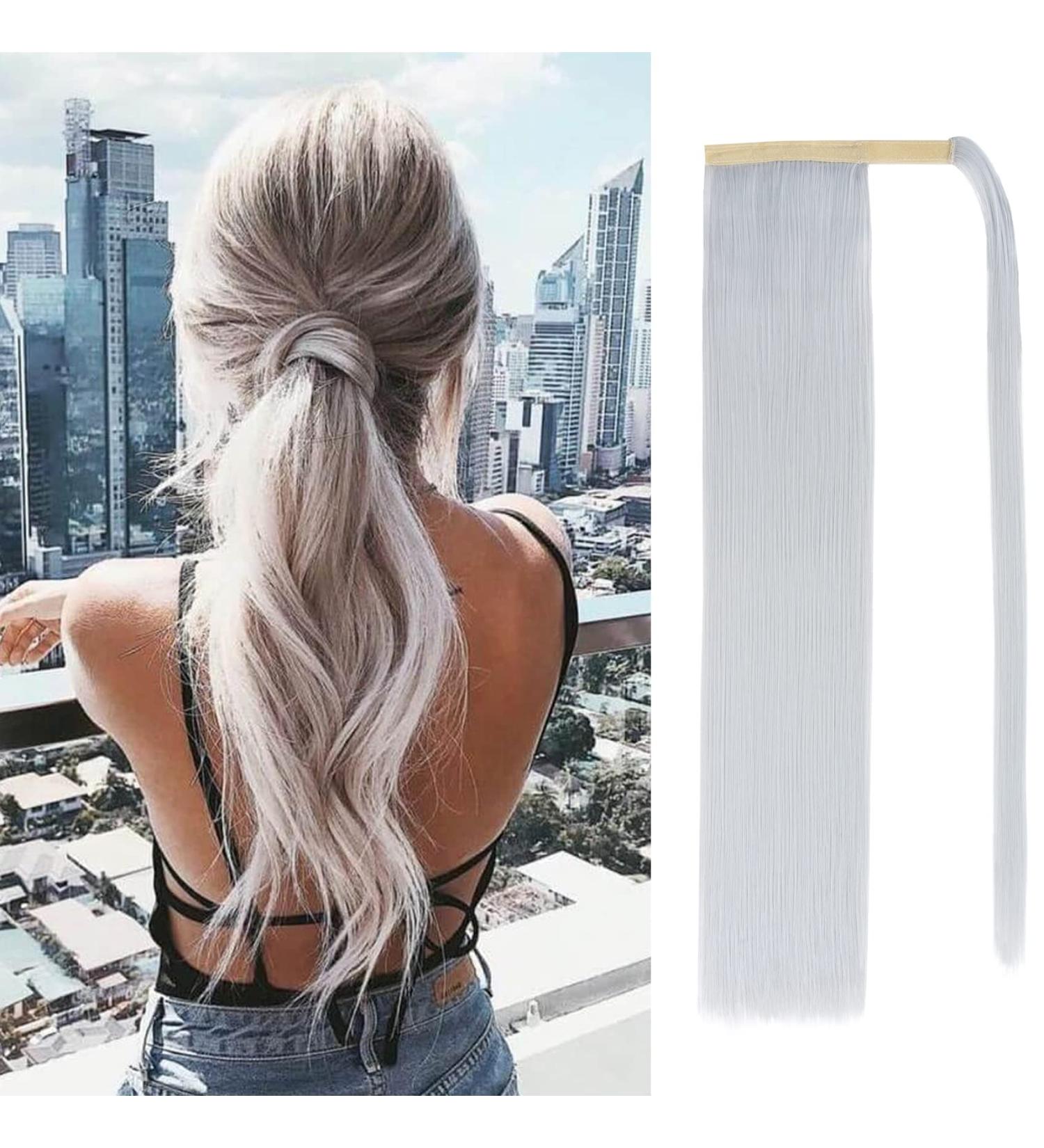 Silk-co Clip in Ponytail Hairpiece | 28 Straight Extension | Heat-Resistant Fiber | Silver Grey Color - Buy Online on GoSupps.com