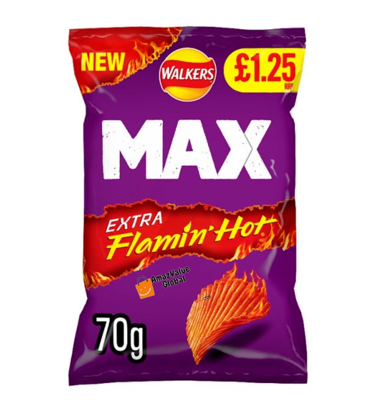 Walkers Max Extra Flamin' Hot Sharing Bag Crisps 70g (Pack of 4)