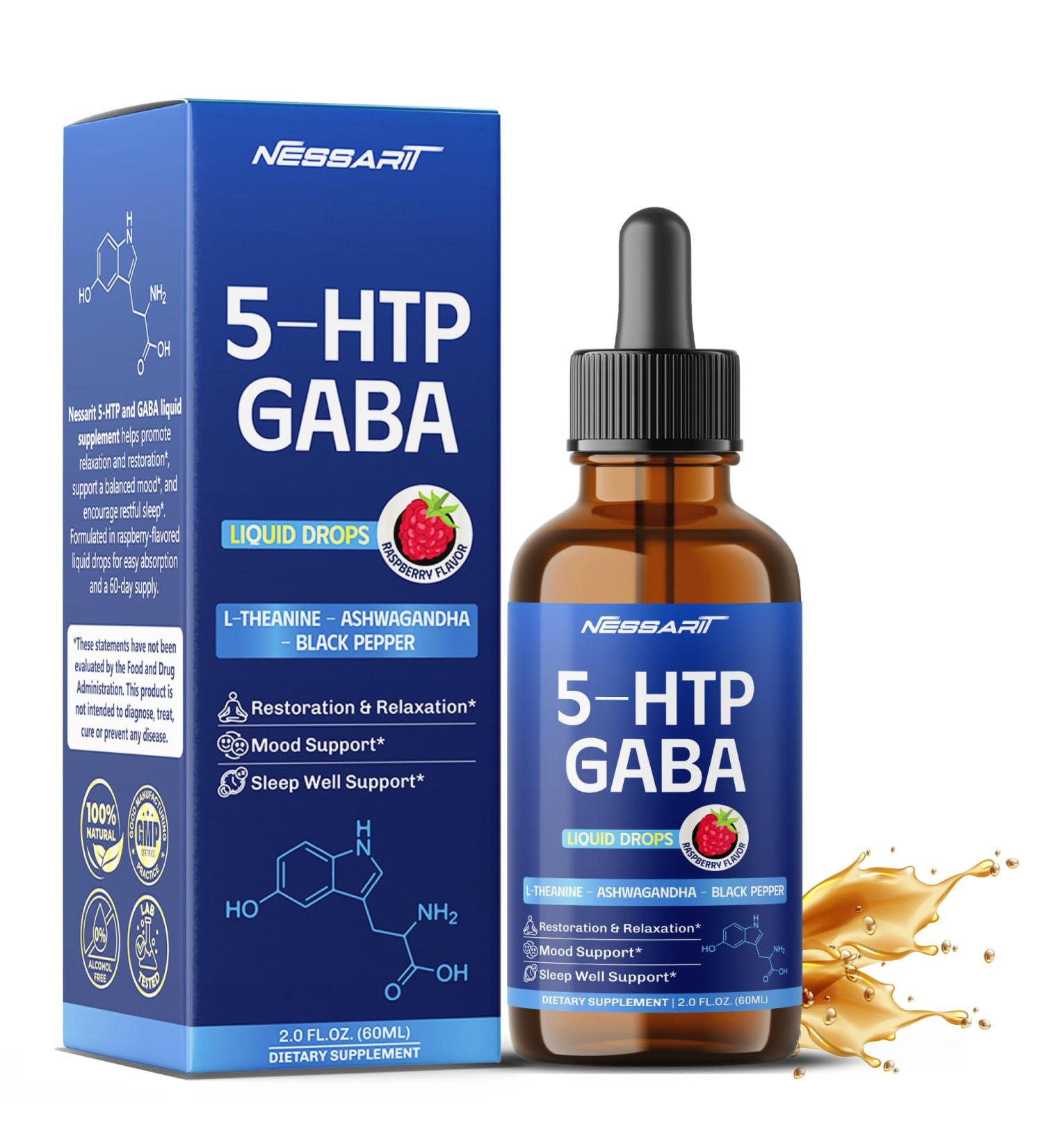 5-HTP & GABA Liquid Drops - L-Theanine Ashwagandha Black Pepper - Restore & Relax Sleep Well Support - Raspberry Flavor - 2.0 fl oz (60ml) 2 Fl Oz (Pack of 1) - Buy Online on GoSupps.com