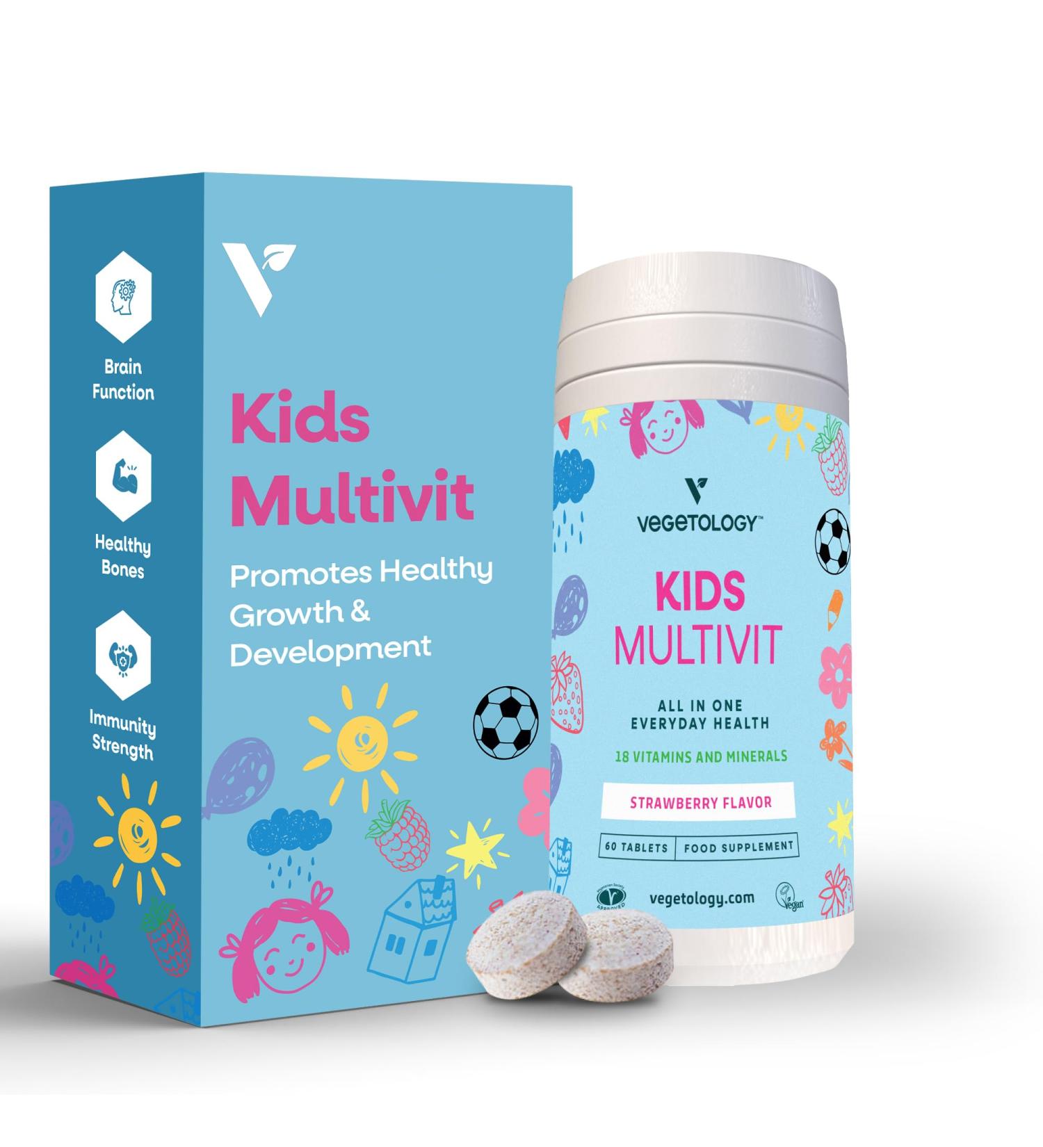 VEGETOLOGY Kids MultiVitamin Supplement, Vegan Chewable Multivitamin for Immune Support, Energy, & Growth, 18 Essential Vitamins & Minerals, Ages 4+ - 60 Tablets, Strawberry - Buy Online on GoSupps.com