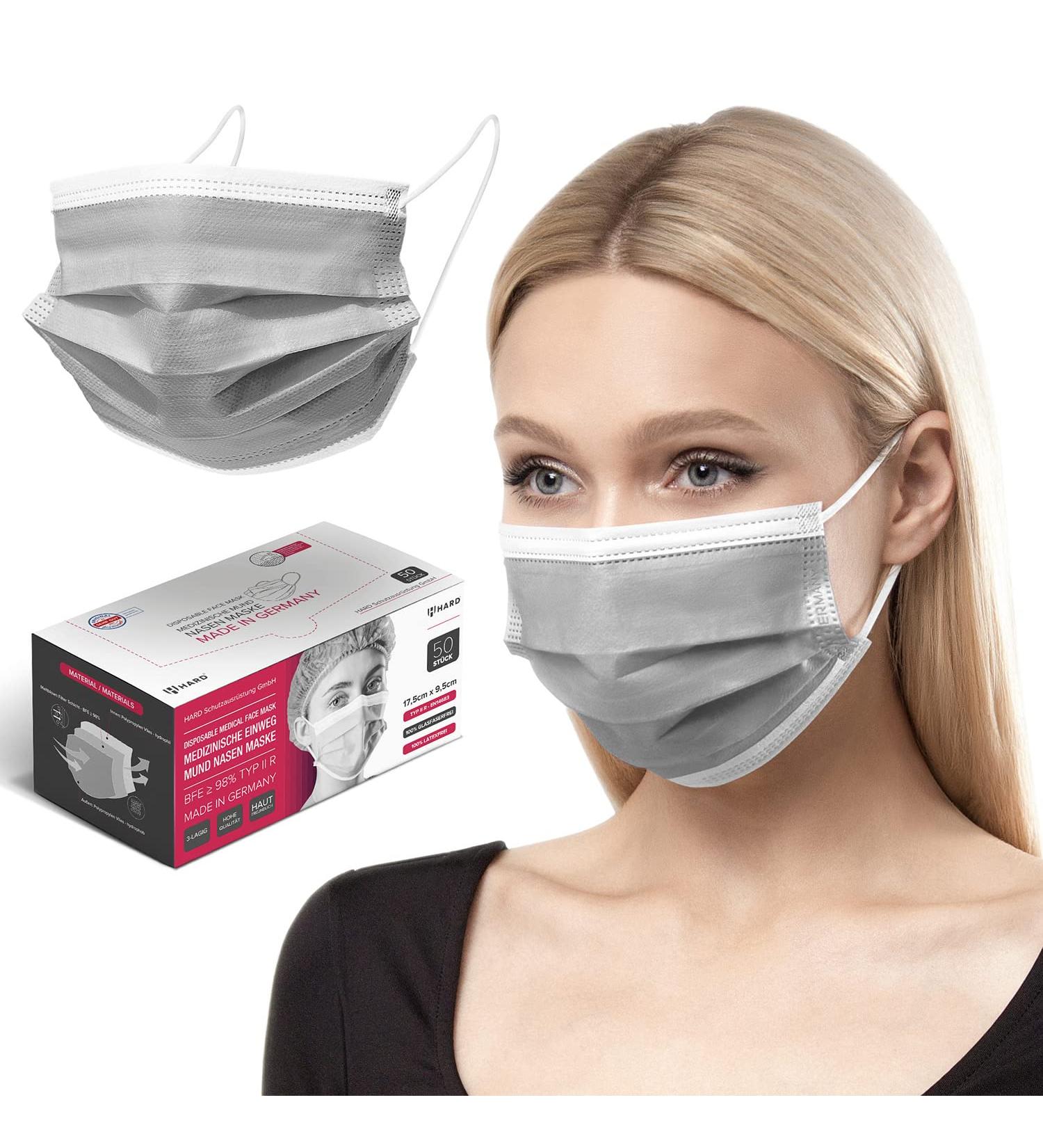 50pc Disposable Face Masks Made in Germany | CE Certified, Triple Layer Filtration | Elastic Earloops, Breathable | Grey Adults Size 17.5cm x 9.5cm - Buy Online on GoSupps.com