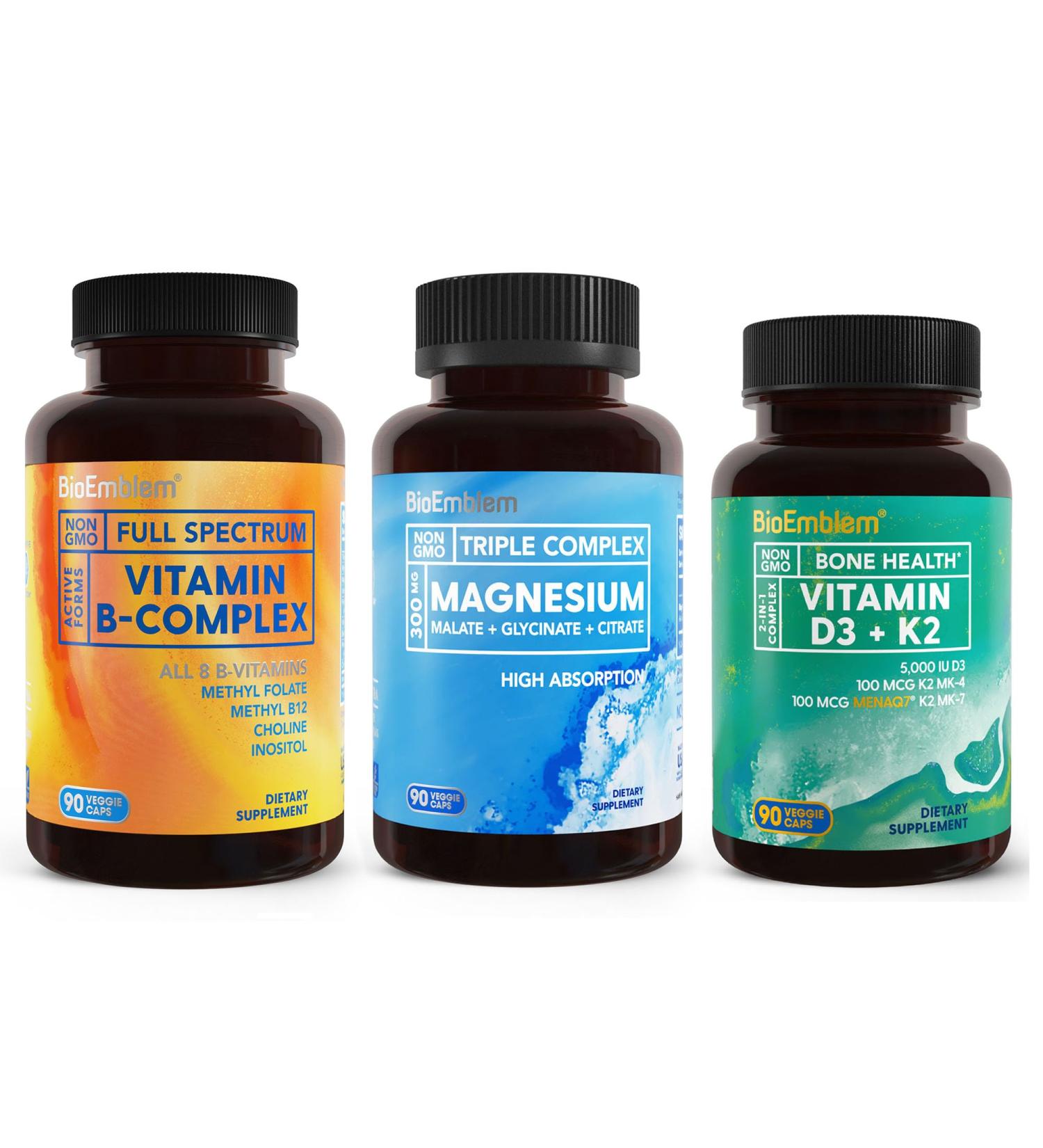 BioEmblem Adults Triple Magnesium Complex and Vitamin D3 K2 and Vitamin B-Complex - 270 Count - Buy Online on GoSupps.com