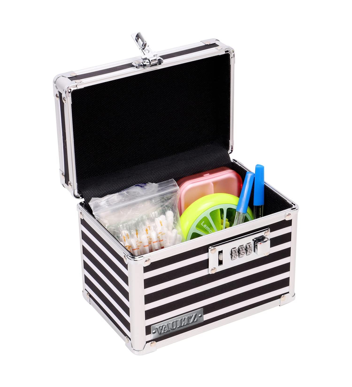 Vaultz Medicine Lock Box with Combination Lock - 5x7x5 Cabinet Safe - Black & White Stripes - Buy Online on GoSupps.com