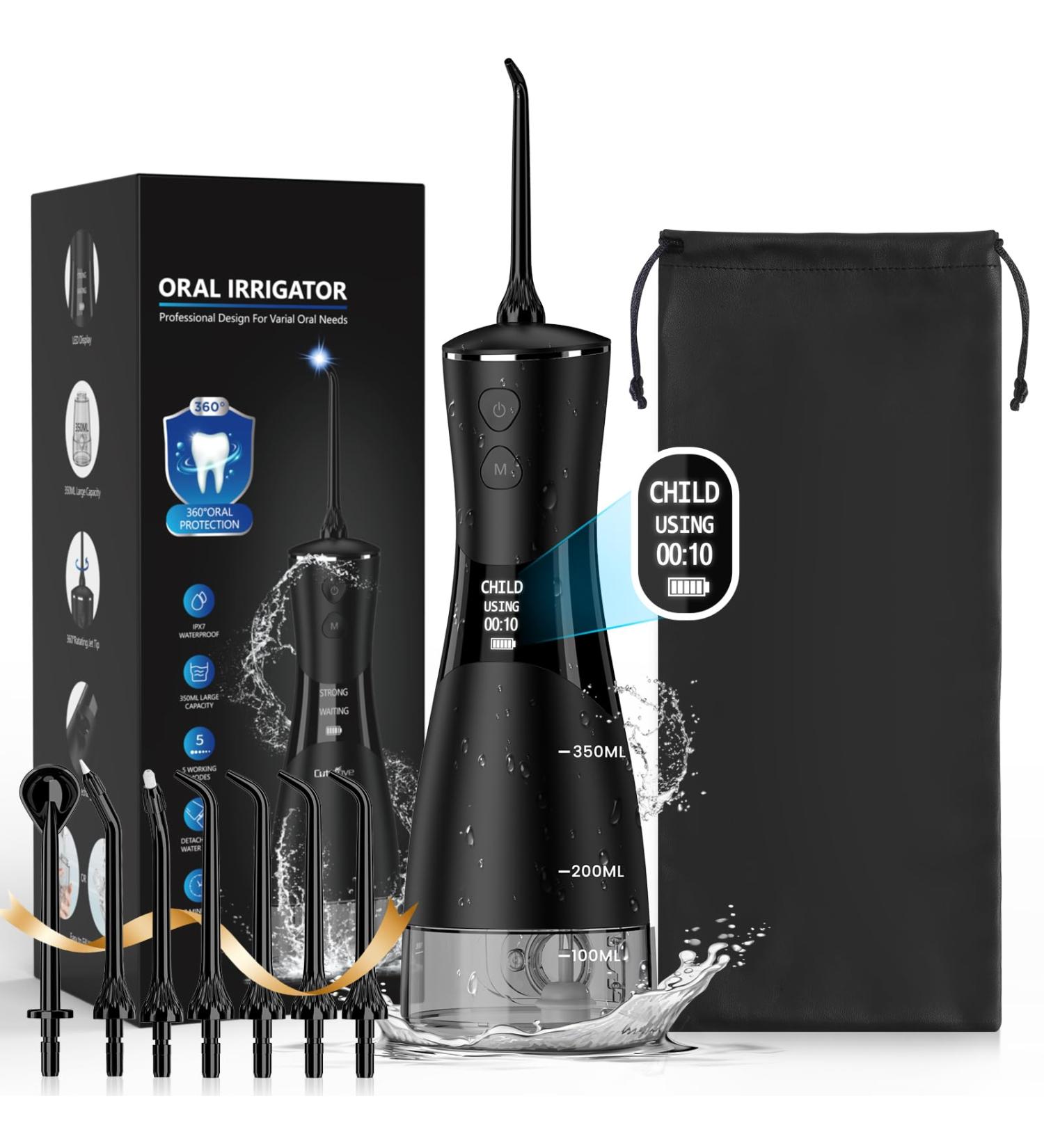 350ML Cordless Water Flosser - Rechargeable Oral Irrigator with 7 Jet Tips & 5 Pressure Modes for Teeth Cleaning | Ideal for Home & Travel (Black & Gray - Buy Online on GoSupps.com