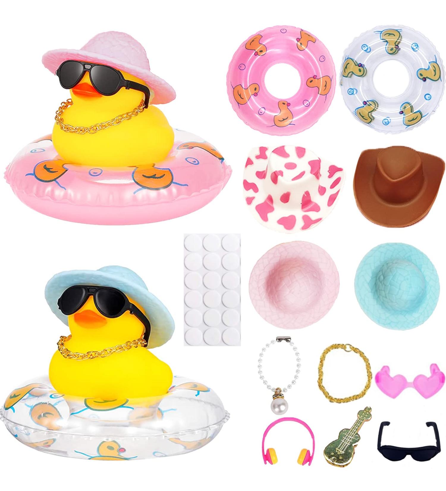 Carreuty 2PCS Yellow Rubber Duck Dashboard Decor Set - Baby Shower & Bath Toy Ornaments with Sunglasses, Guitar, Donut & Hat Chain - Summer Bedroom Decor - Buy Online on GoSupps.com