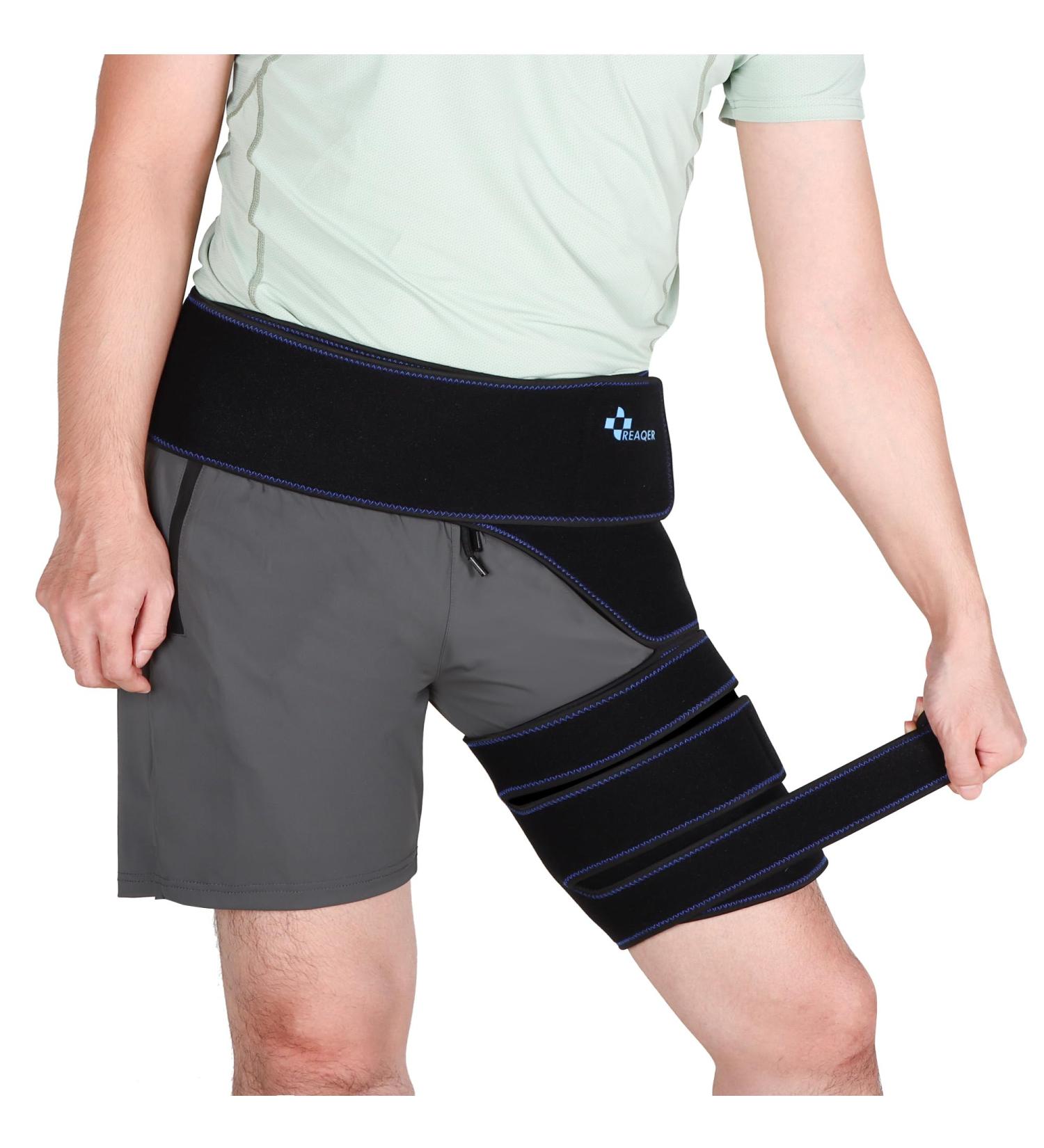 REAQER Hip Brace Groin Wrap - Compression Thigh Support for Sciatica Pain Relief | Unisex Left Leg - Black - Buy Online on GoSupps.com