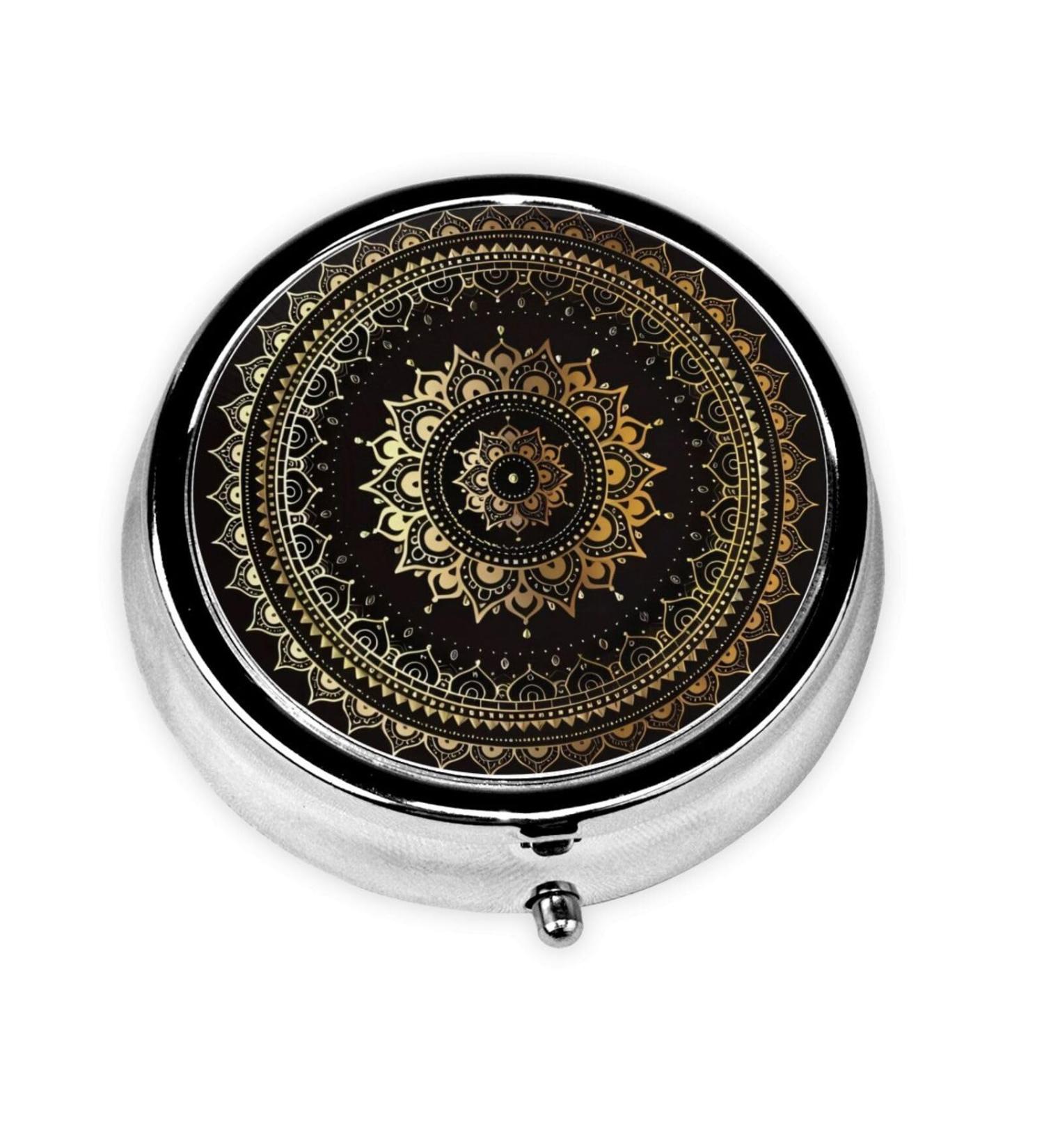 Shop Kaleidoscope Mandala Portable Metal Pill Box - Stylish 3-Compartment Design for Travel & Small Pills - Buy Online on GoSupps.com