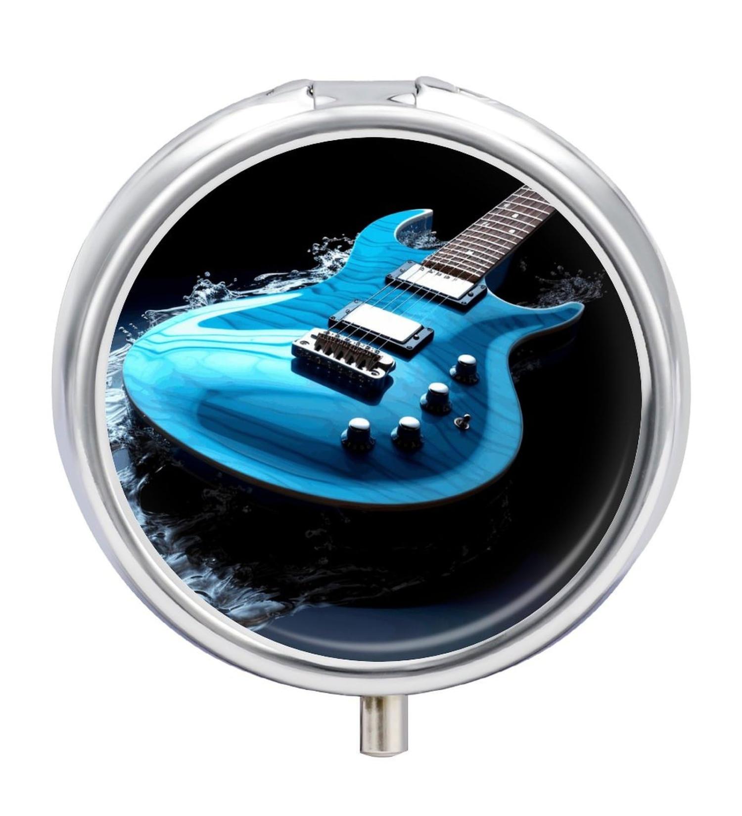 Decorative Round Pill Box - Blue Guitar Print 3 Compartment Metal Pill Organizer Portable Pocket Case - Buy Online on GoSupps.com