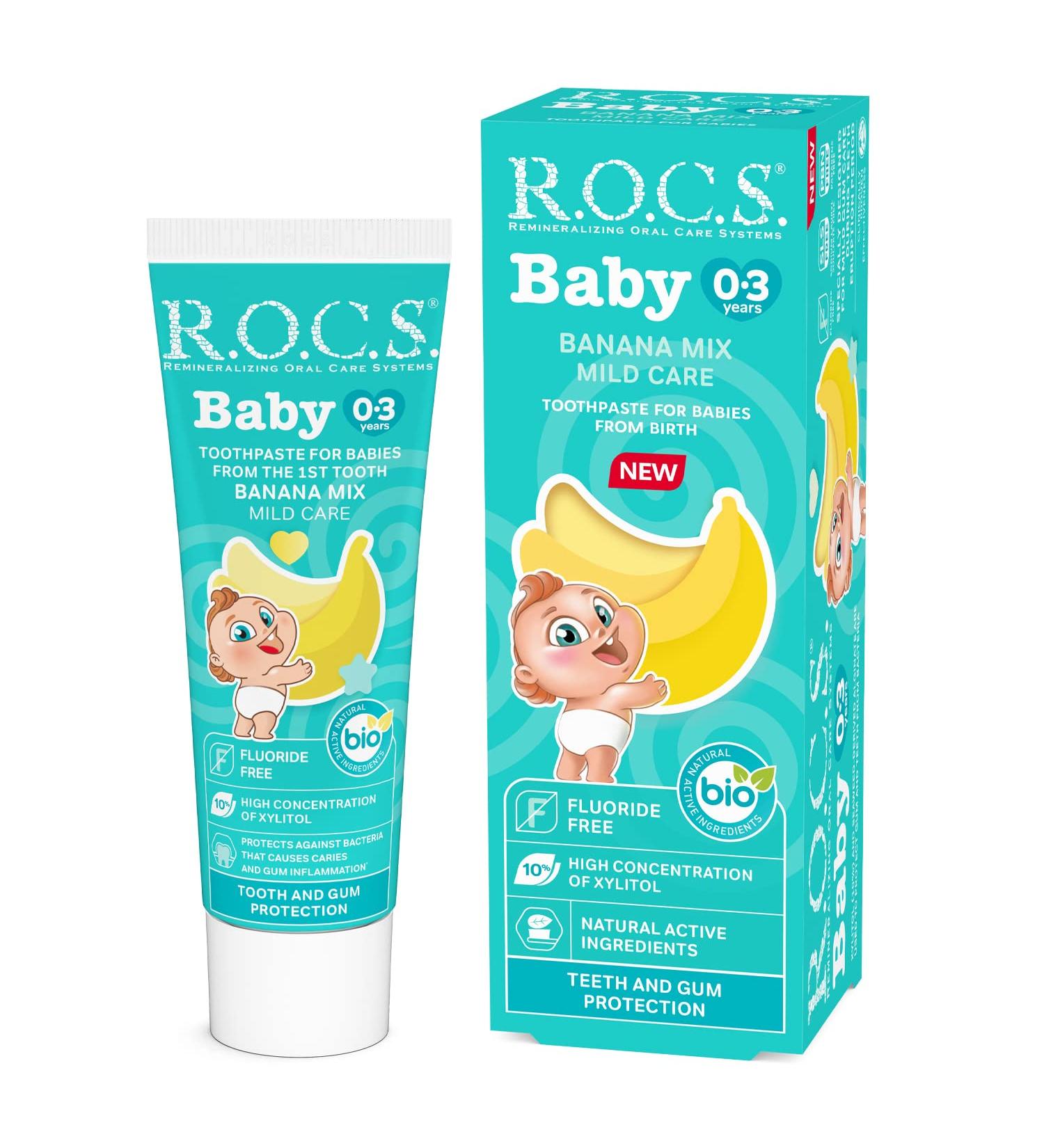 R.O.C.S. Baby Banana Mix - Natural Fluoride-Free Toothpaste for Babies - Vegan & Safe to Swallow - Buy Online on GoSupps.com