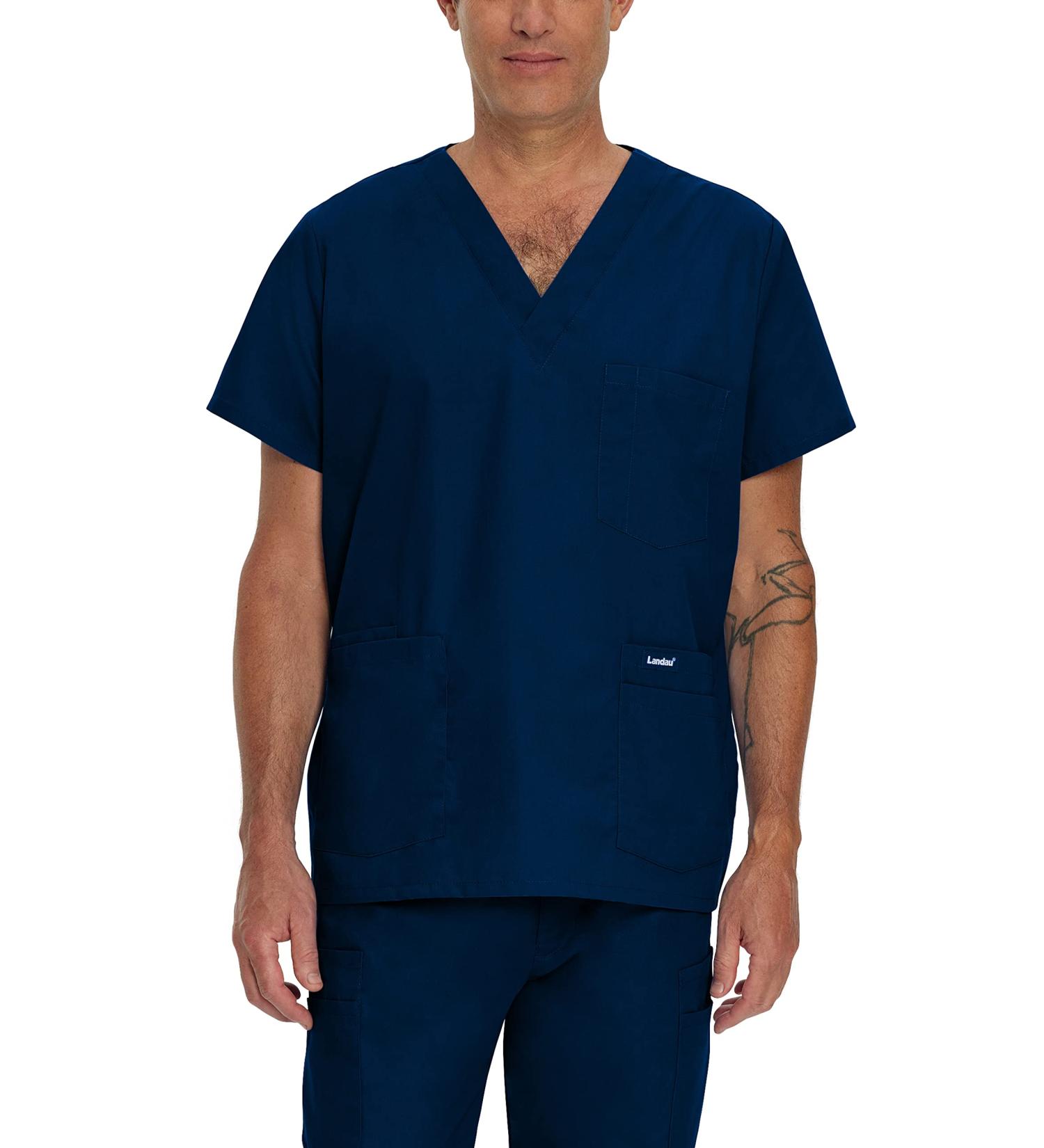 Landau Essentials Men's 5-Pocket V-Neck Scrub Top | 7489 Navy | Large Tall - Relaxed Fit - Buy Online on GoSupps.com