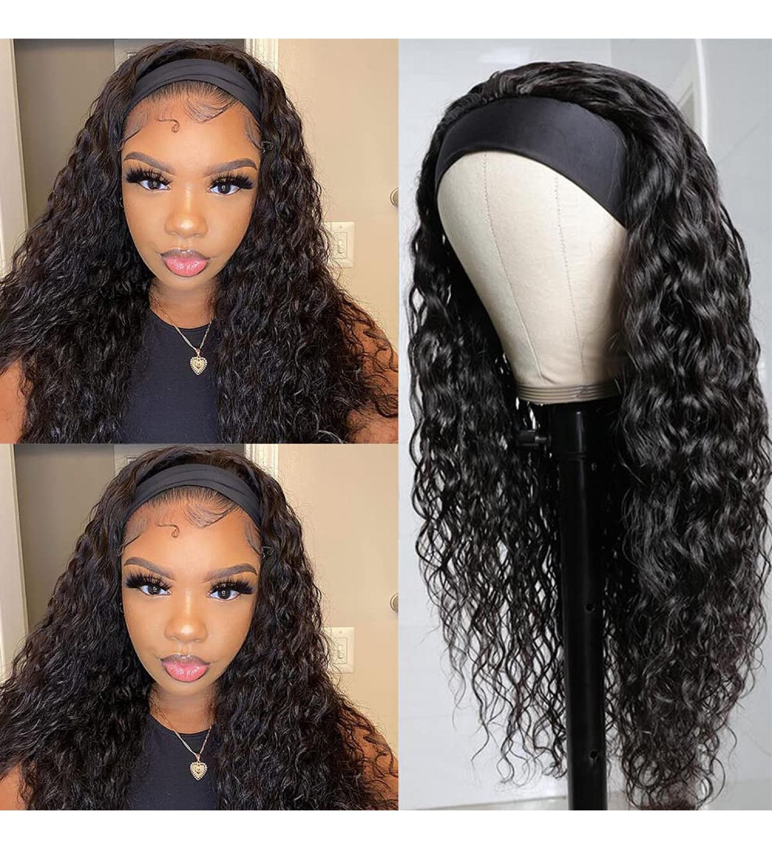 Lovigs Water Wave Headband Wig 24 Inch - Brazilian Virgin Hair Machine Made Natural Color 1B - Curly None Lace Front Wigs for Black Women - Buy Online on GoSupps.com