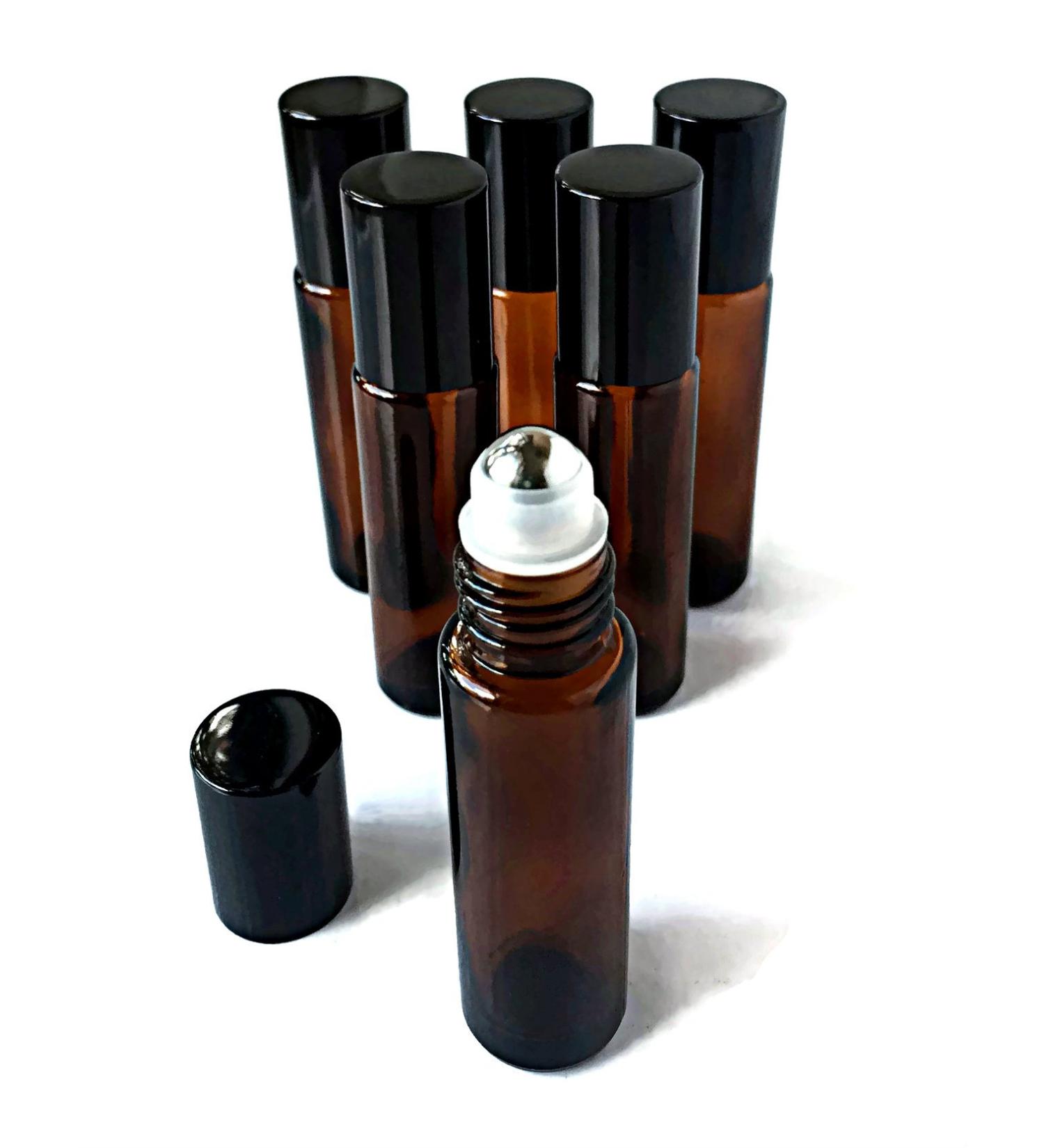 Roller Bottles for Essential Oils - 10ml Amber Glass Bottle with Steel Roller Ball & Black Cap - 6 Pack by Oils For Everything | International Shipping - Buy Online on GoSupps.com