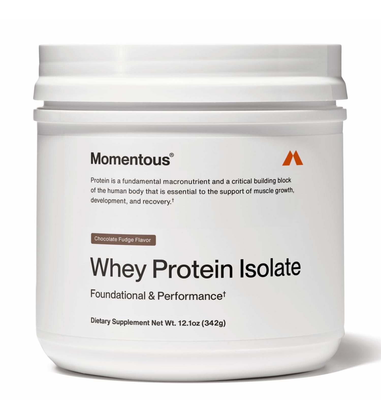 Momentous Essential Grass-Fed Whey Protein Powder - 20 g Whey Isolate Protein - NSF Certified for Sport - Gluten-Free - 12 Servings for Essential Everyday Use - Chocolate Fudge - Package May Vary - Buy Online on GoSupps.com