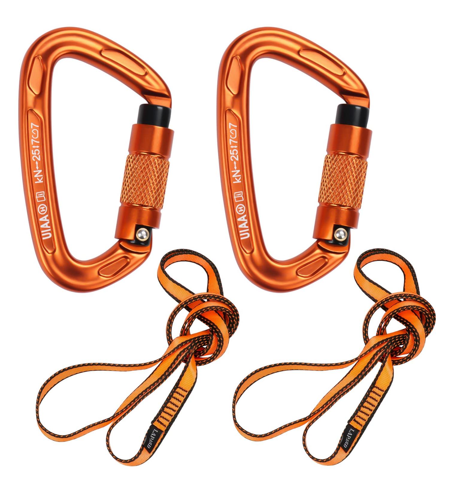 Karabiner Climbing Equipment Set - 2 UIAA Certified 25kN Auto Locking Carabiners + 2 23kN Nylon Ropes for Climbing Mountaineering & Hiking - Durable Orange & Black 4-Part Kit - Buy Online on GoSupps.com