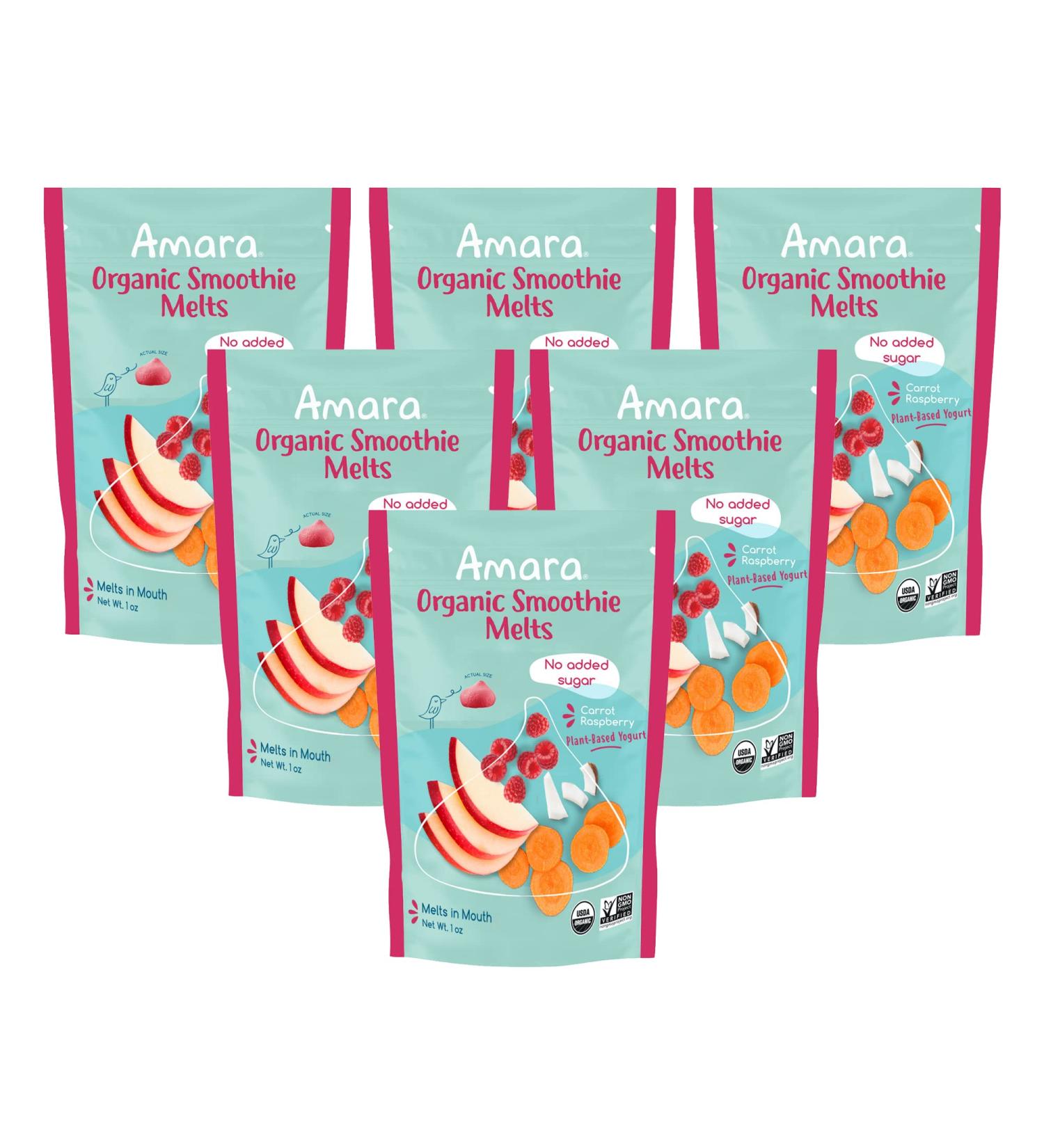 Amara Yogurt Melts Carrot Raspberry | Healthy Snacks for Baby and Toddlers | Gluten Free & Plant Based | Organic Fruit | 6 Pouches - Buy Online on GoSupps.com