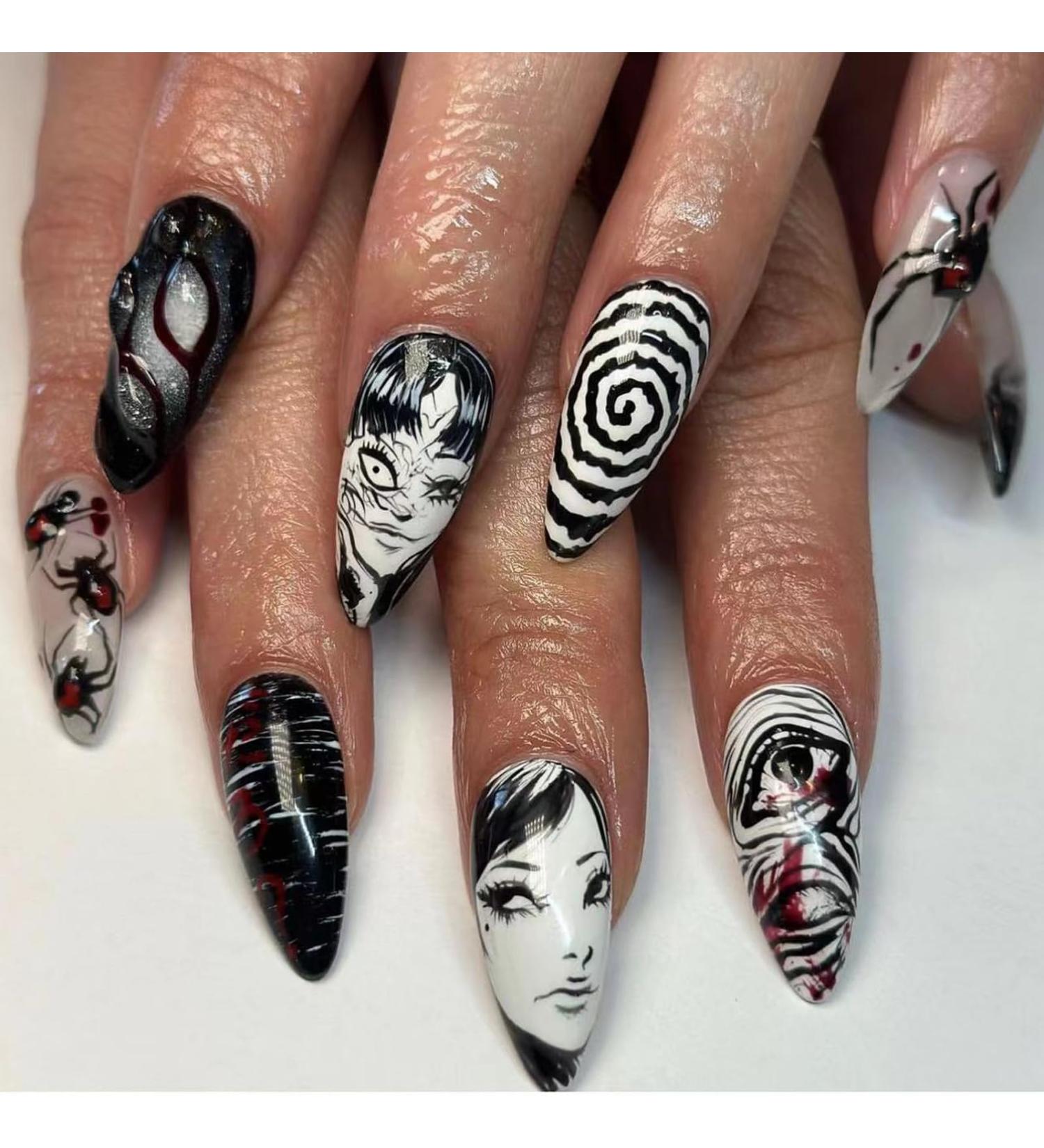 24 Pcs Medium Stiletto Almond Press on Nails - Black & White Punk Design Glue on Acrylic Full Cover - Gothic Anime Cartoon False Nails for Women & Girls - Buy Online on GoSupps.com