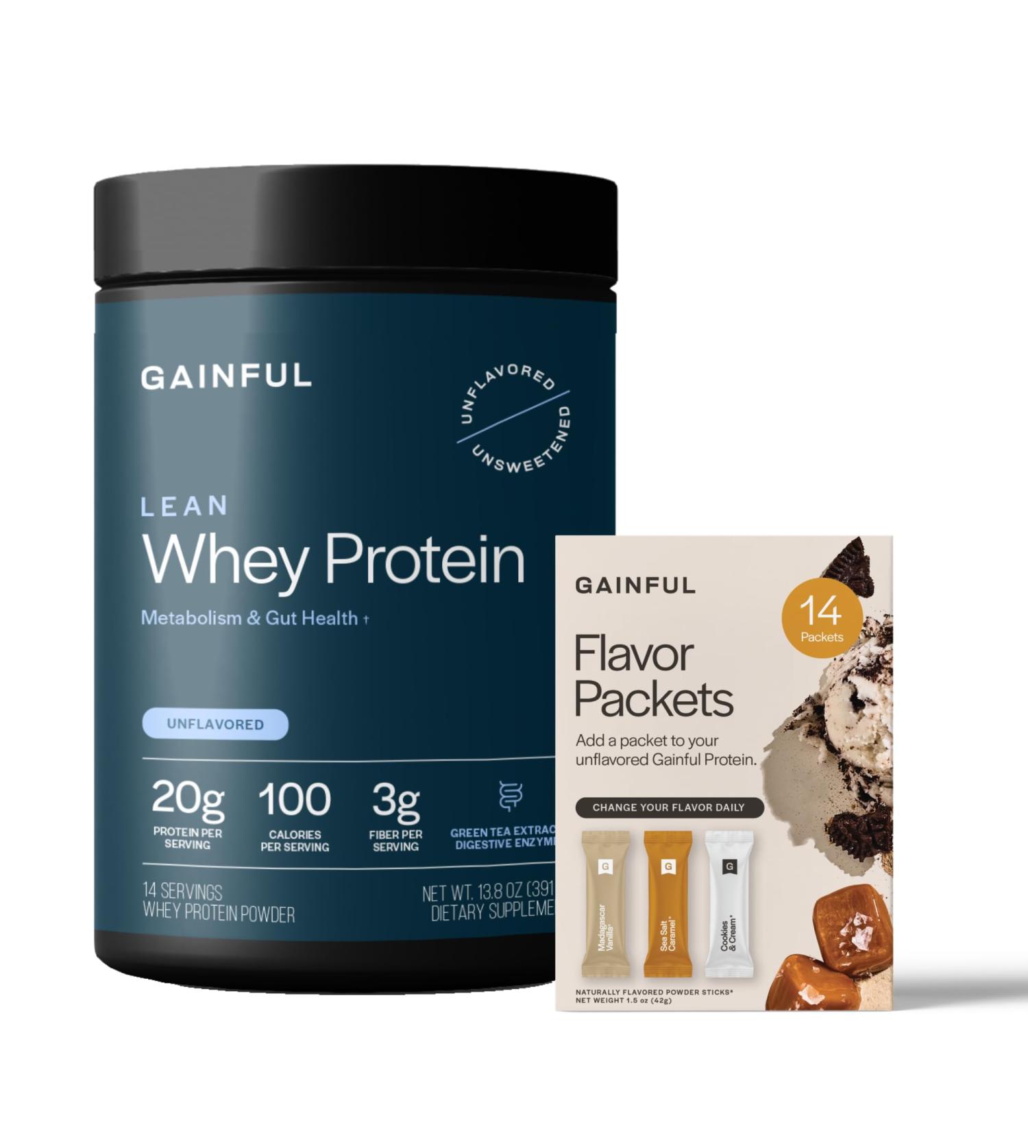 Gainful Lean Whey Protein Powder & Sweet Treat Flavor Bundle 20g Protein Supports Lean Muscle Metabolism and Satiety with Green Tea Extract & Digestive Enzymes 14 Servings + 14 Flavor Sticks - Buy Online on GoSupps.com