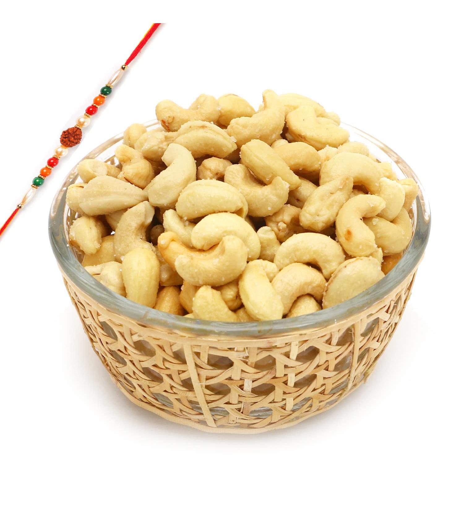 Ghasitaram Gifts Rakhi Gifts for Brothers Cane Glass Bowl with Roasted Cashews with Rudraksh Rakhi - Buy Online on GoSupps.com