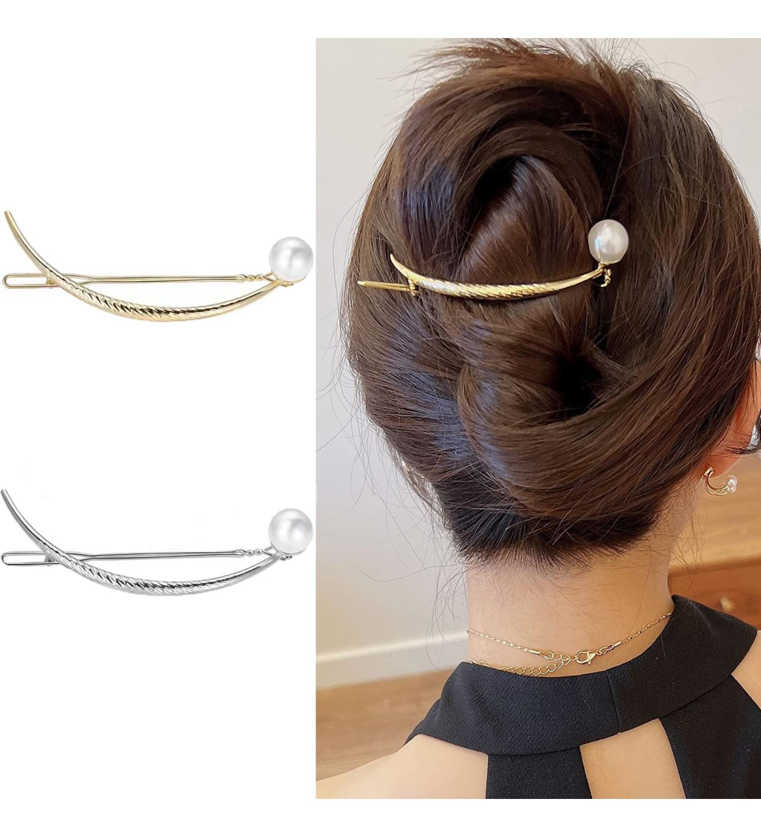 Qeuly 2 Pcs Minimalist Hair Clips Barrettes for Women - Moon Smile Pearl Hair Pins (Silver+Gold) - Buy Online on GoSupps.com