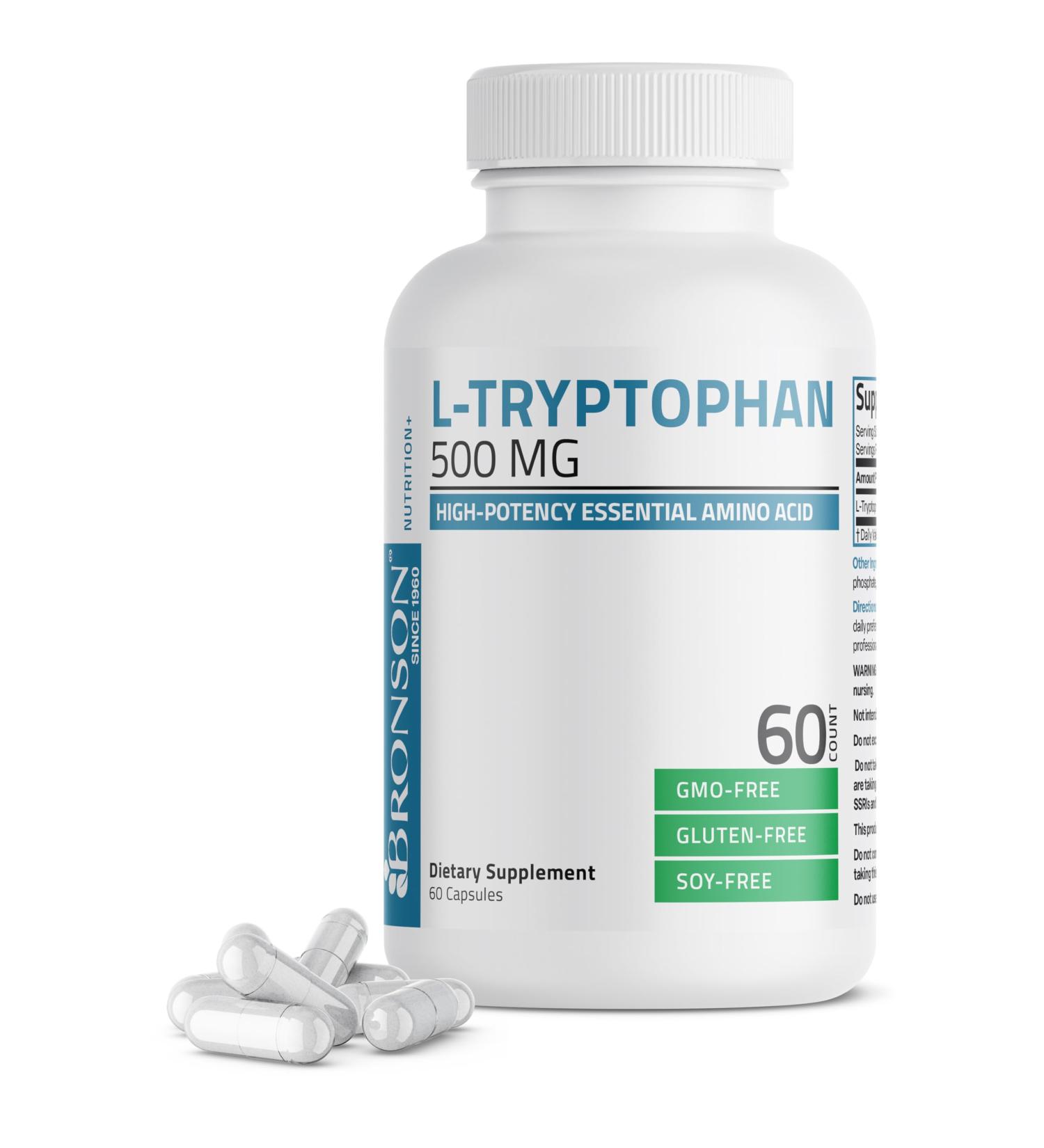 Bronson L-Tryptophan 500 MG High Potency Essential Amino Acid Supports Relaxation & Positive Mood Support Non-GMO, 60 Capsules 60 Count (Pack of 1) - Buy Online on GoSupps.com