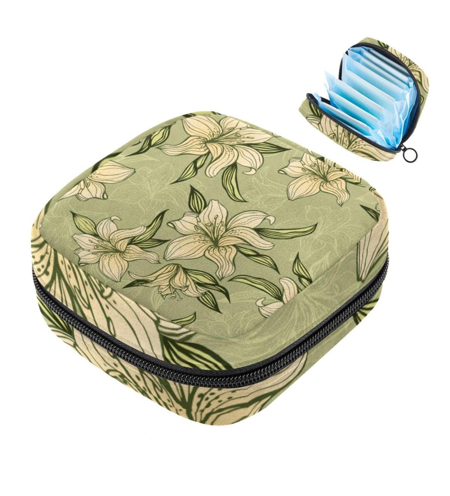 Javenproeqt Portable Women's Binding Bags | Menstrual Cup Pocket & Pads | Ideal for Teenage Girls | Hand-Drawn Multicolored Green Lily - Buy Online on GoSupps.com
