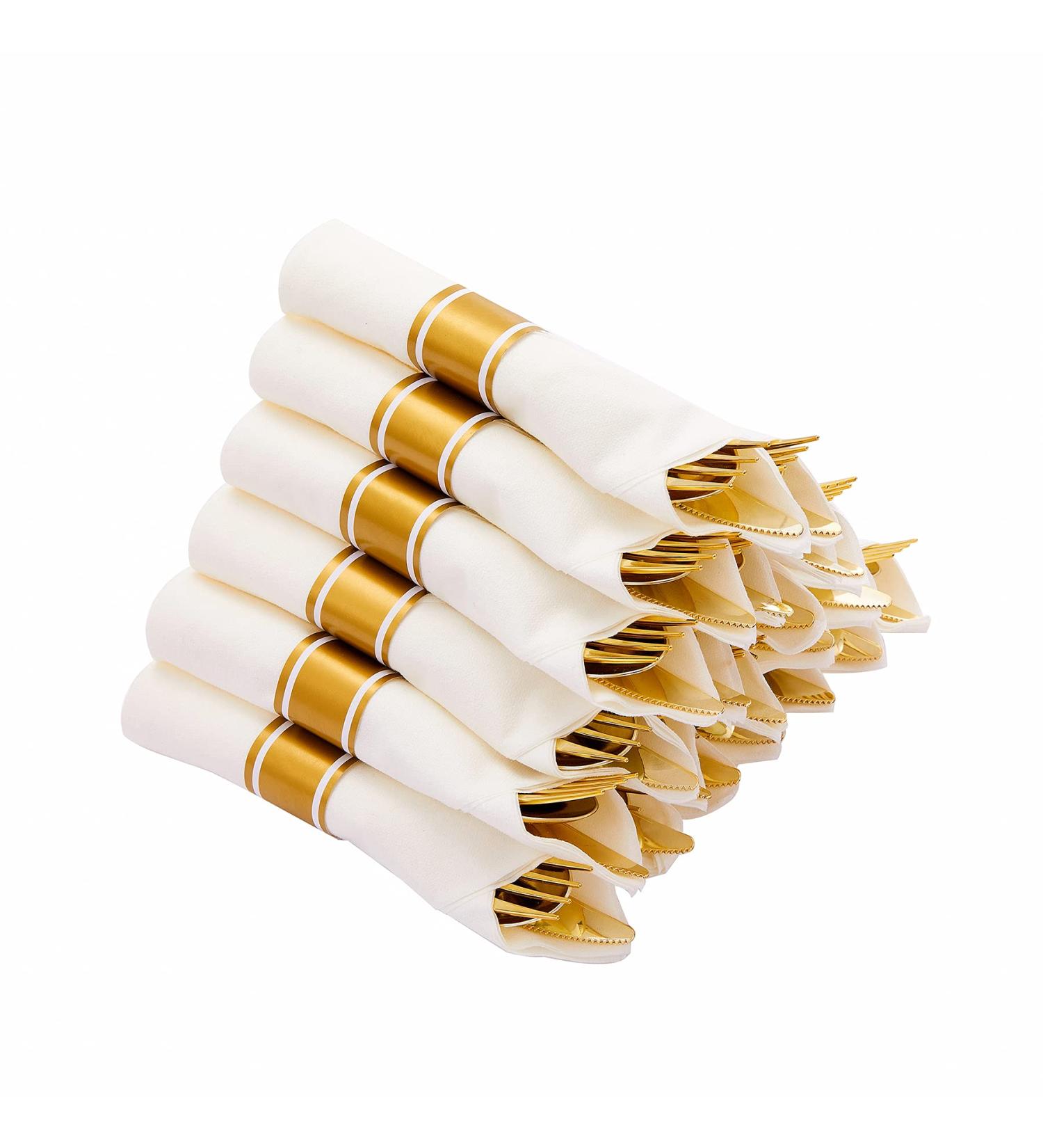 50 Pack Pre Rolled Gold Plastic Cutlery Set with 50 Forks, Knives, Spoons, Napkins - Disposable Set for Party and Wedding - Buy Online on GoSupps.com