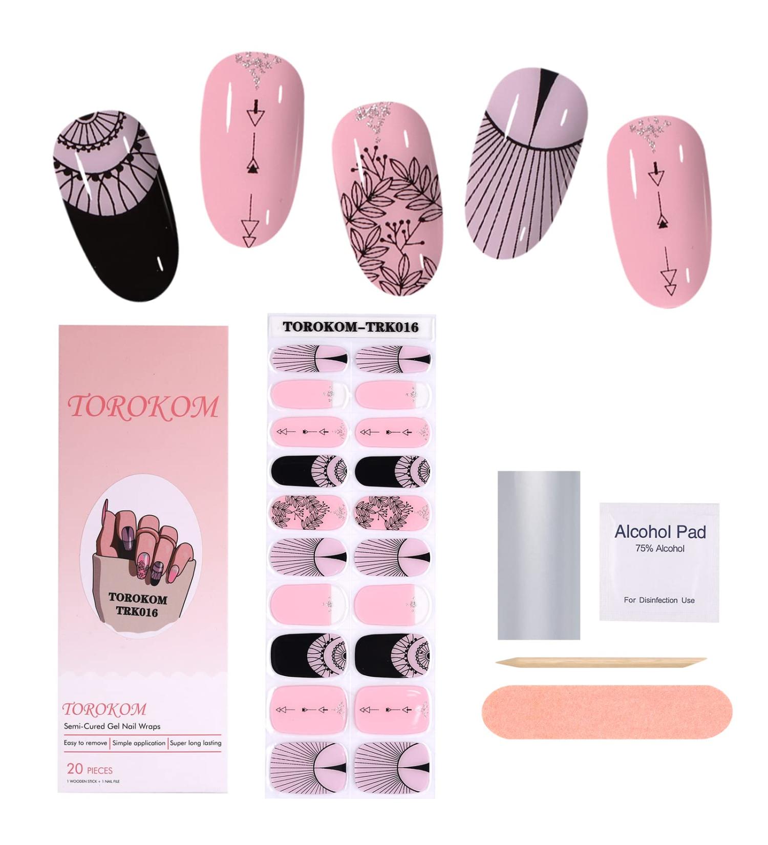 TOROKOM Pink Black Gel Nail Strips Set with Cuticle Stick, File, Wipes - Long Lasting Waterproof Nail Wraps Stickers - Semi Cured Real Polish - UV/LED Lamp Required - Buy Online on GoSupps.com