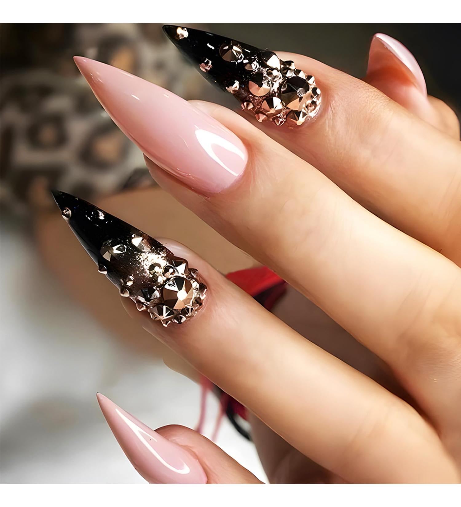 Punk Style Long Stiletto Press on Nails | Glossy Gold Glitter & Rhinestone Design | Luxury Acrylic Fake Nails for Women & Girls - Y2K Punk Manicure - Buy Online on GoSupps.com