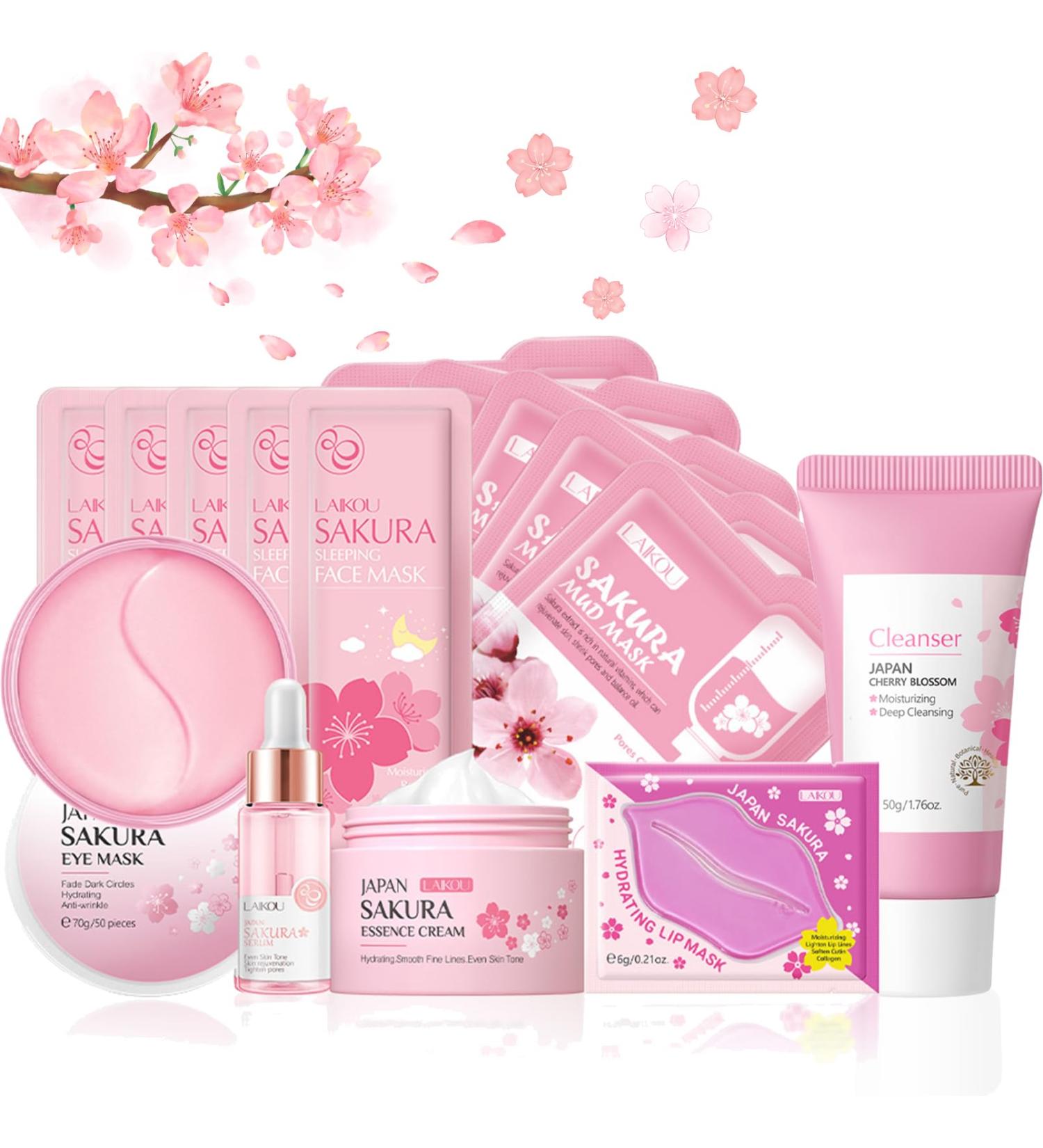 Cherry Blossom Skincare Set | 14-Piece Anti-Aging Kit for Teenage Girls & Women - Cleanser Serum Face & Eye Masks Lip Masks | Japanese Skincare Gifts - Buy Online on GoSupps.com