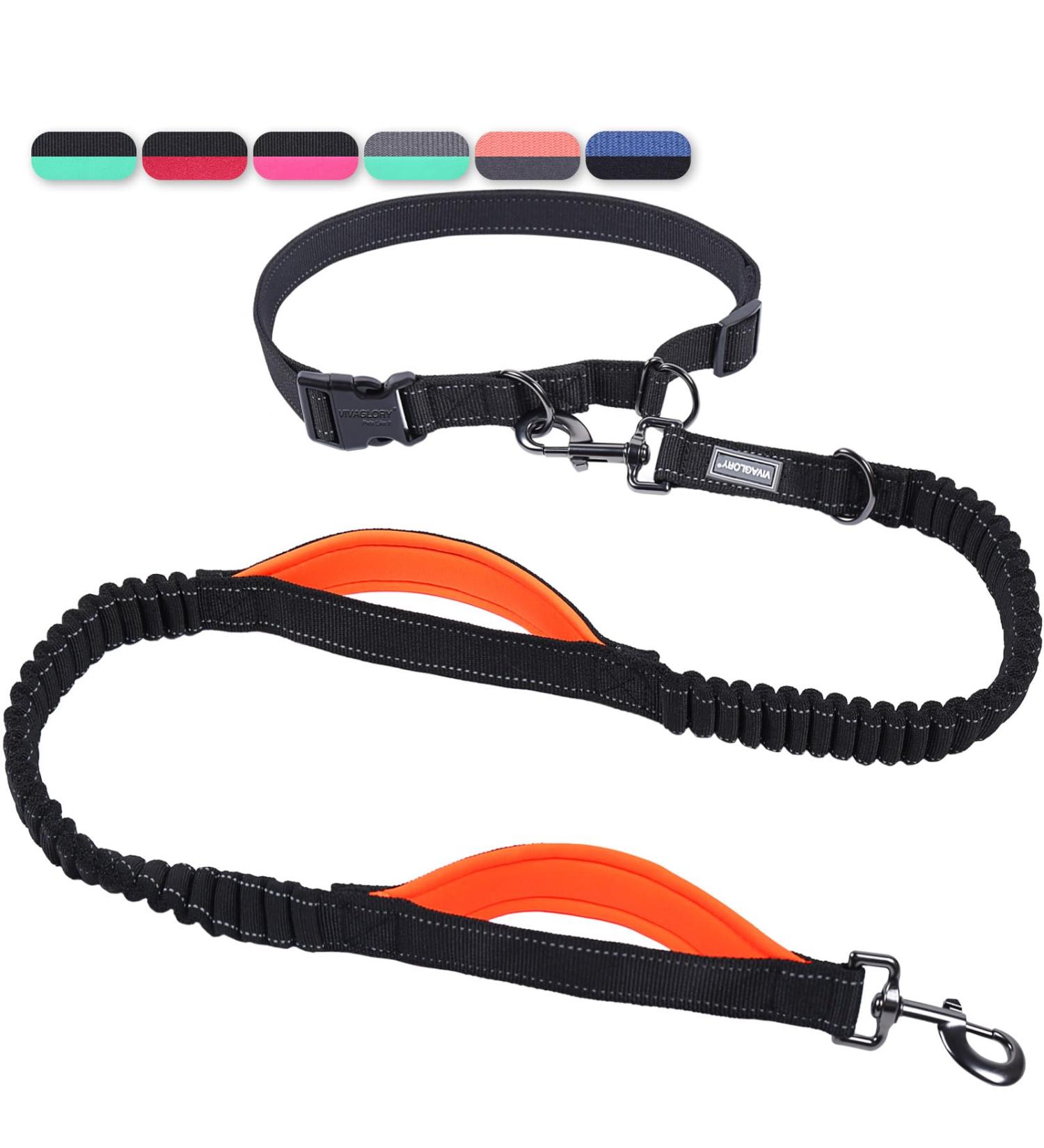 Vivaglory Free-Handed Dog Leash | Double Anti-Shock Bungees & Padded Handles | Reflective Waist Running Leash for Training & Jogging | Fits Waist 65-112cm | Black/Orange - For Medium & Large Dogs - Buy Online on GoSupps.com